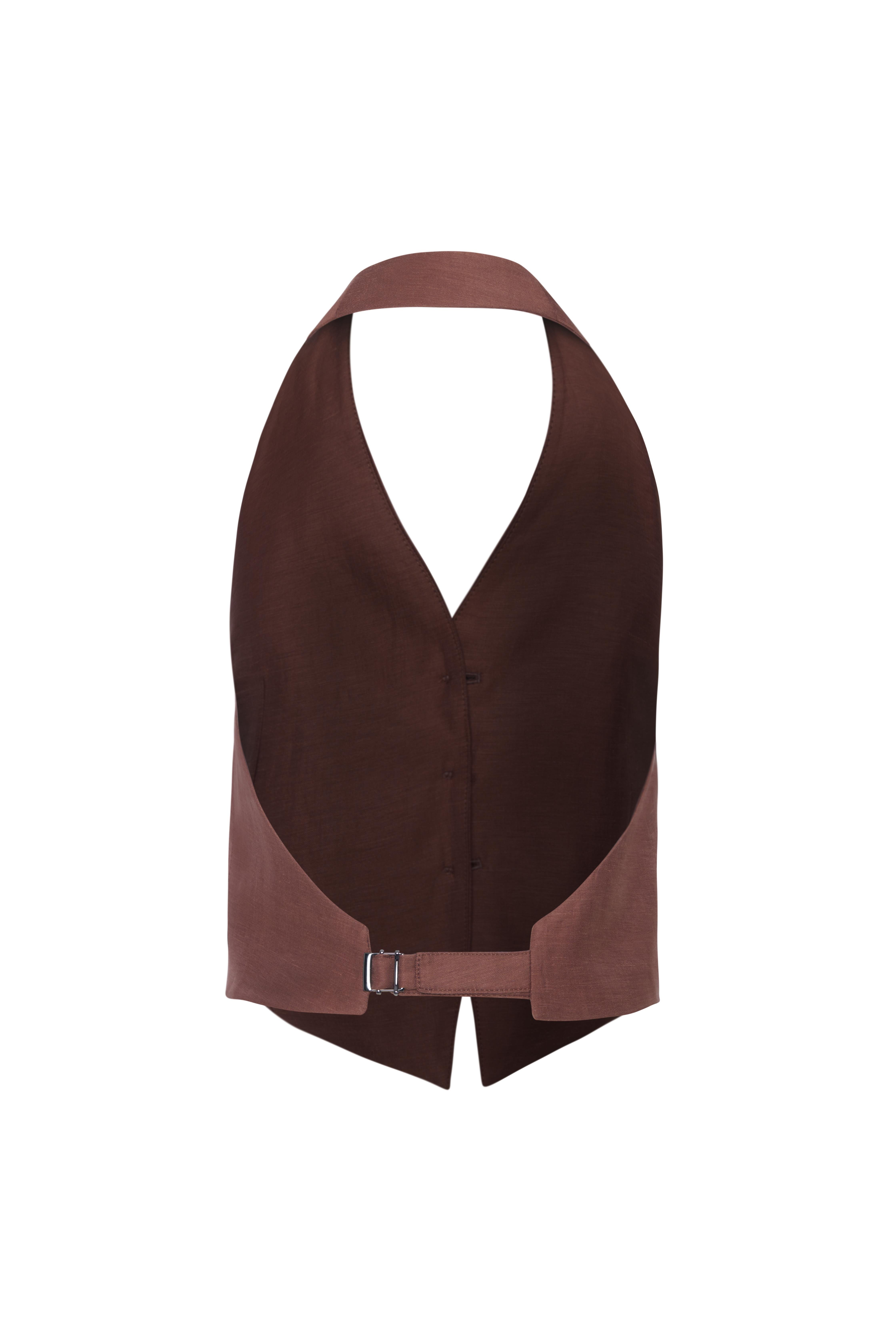 Kahve Keten Sırt Dekolteli Yelek