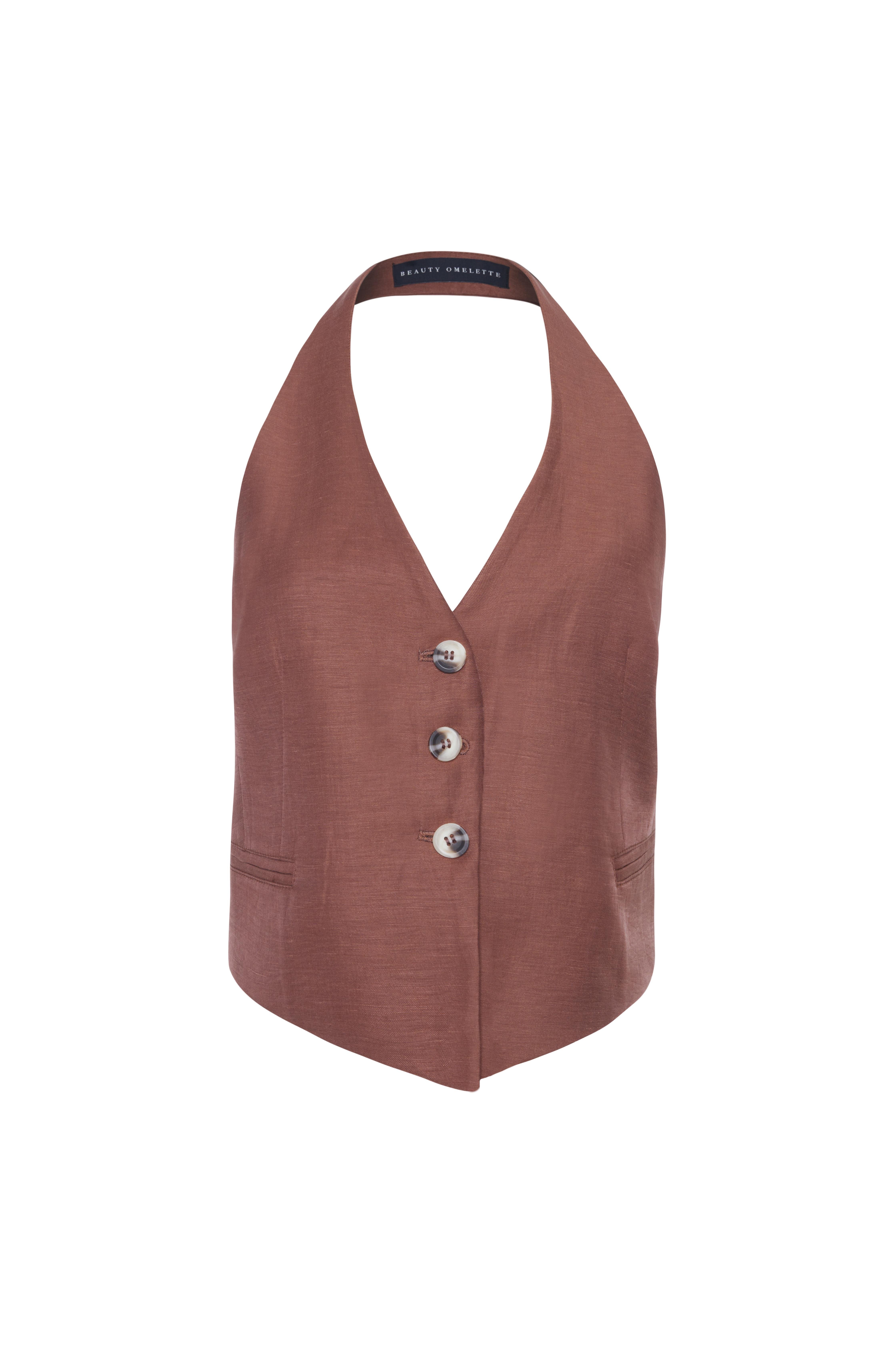 Kahve Keten Sırt Dekolteli Yelek