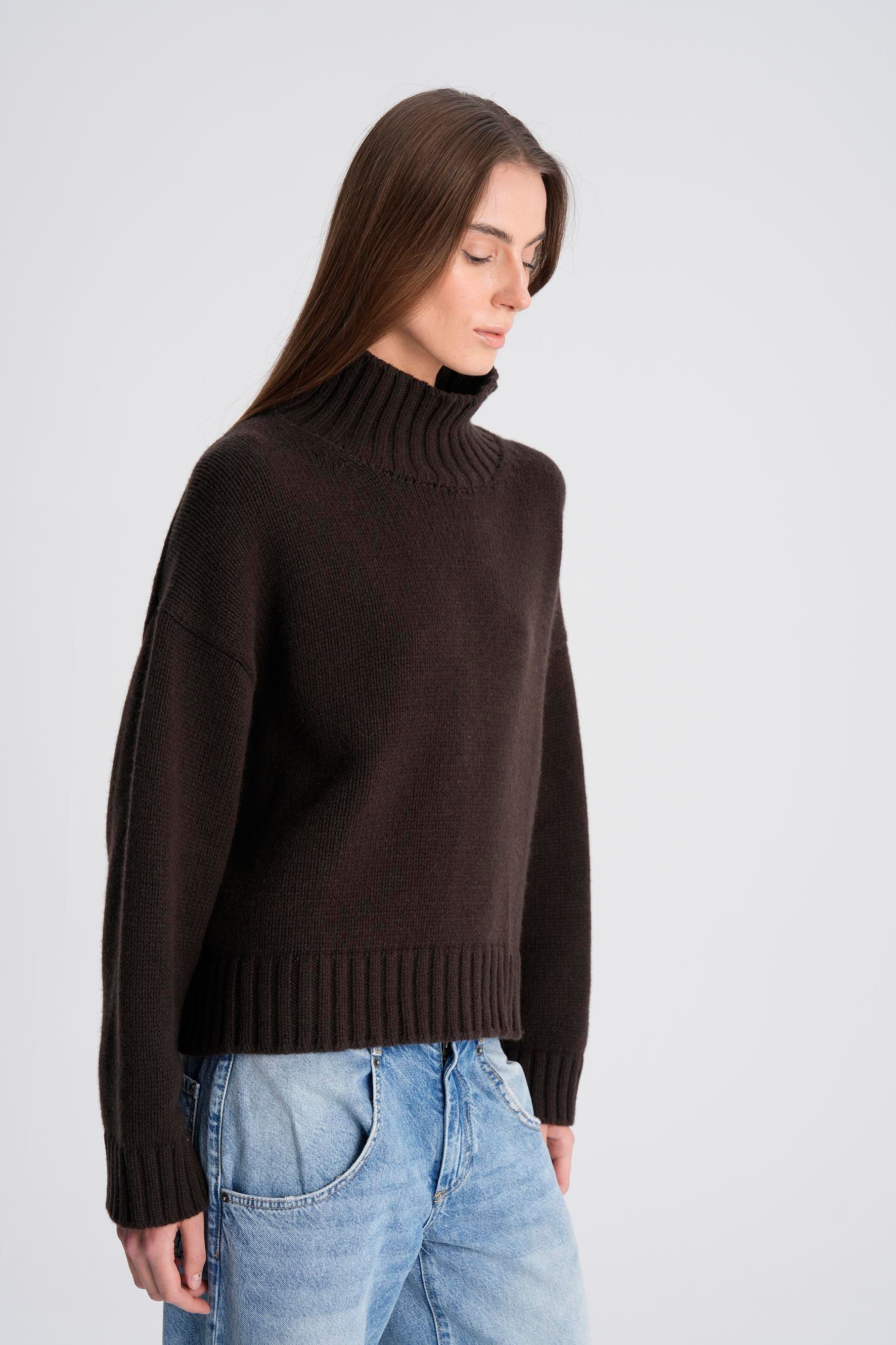 Kahverengi %100 Kaşmir Balıkçı Yaka Kazak