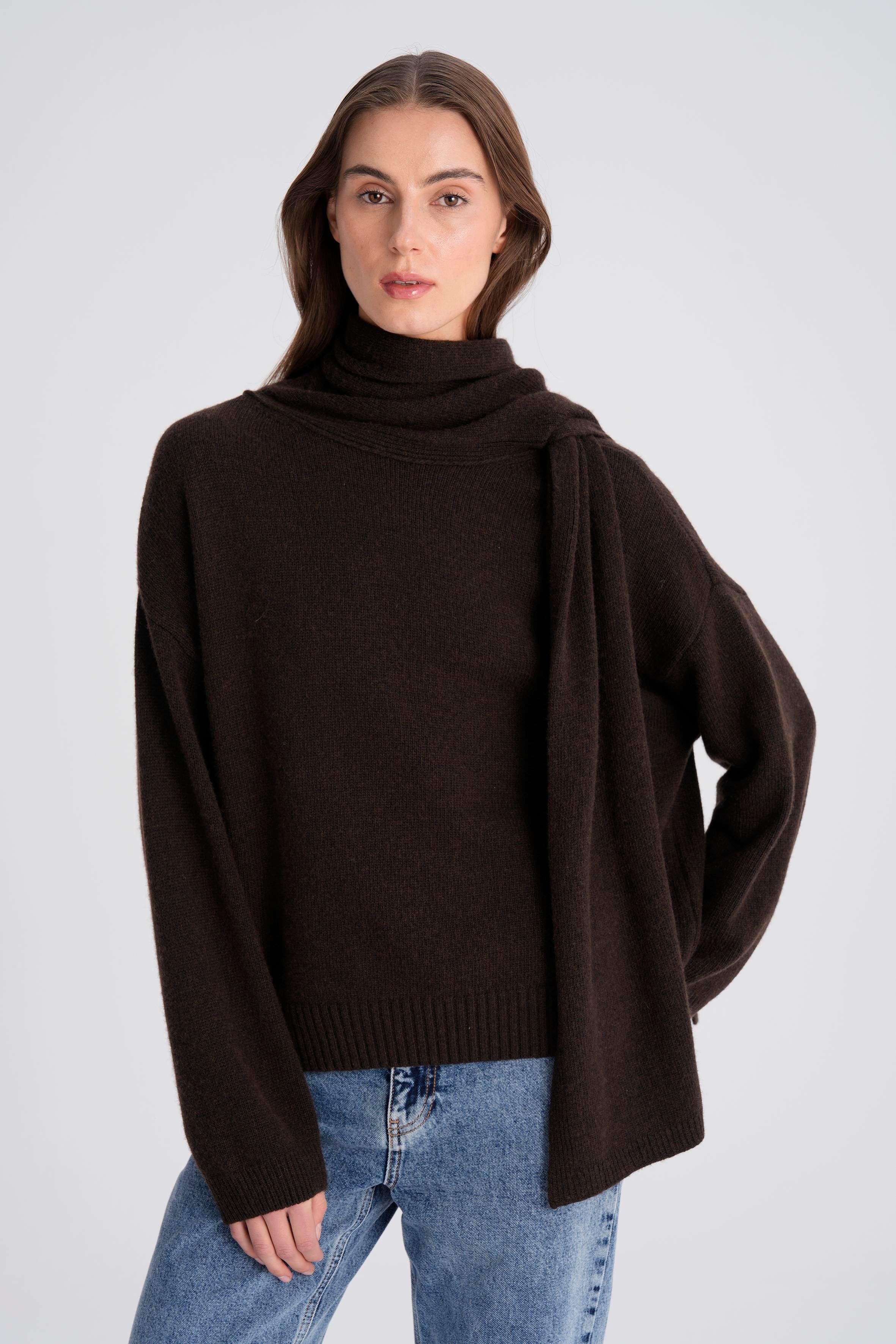 Kahverengi Atkı Yaka Yün Karışımlı Triko Kazak