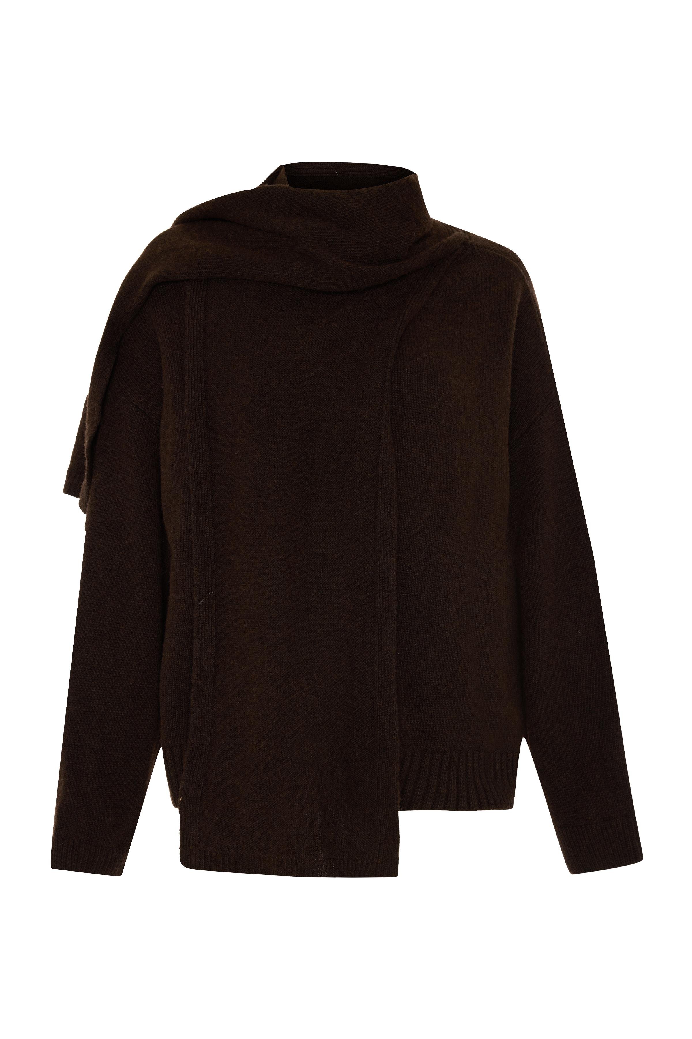 Kahverengi Atkı Yaka Yün Karışımlı Triko Kazak