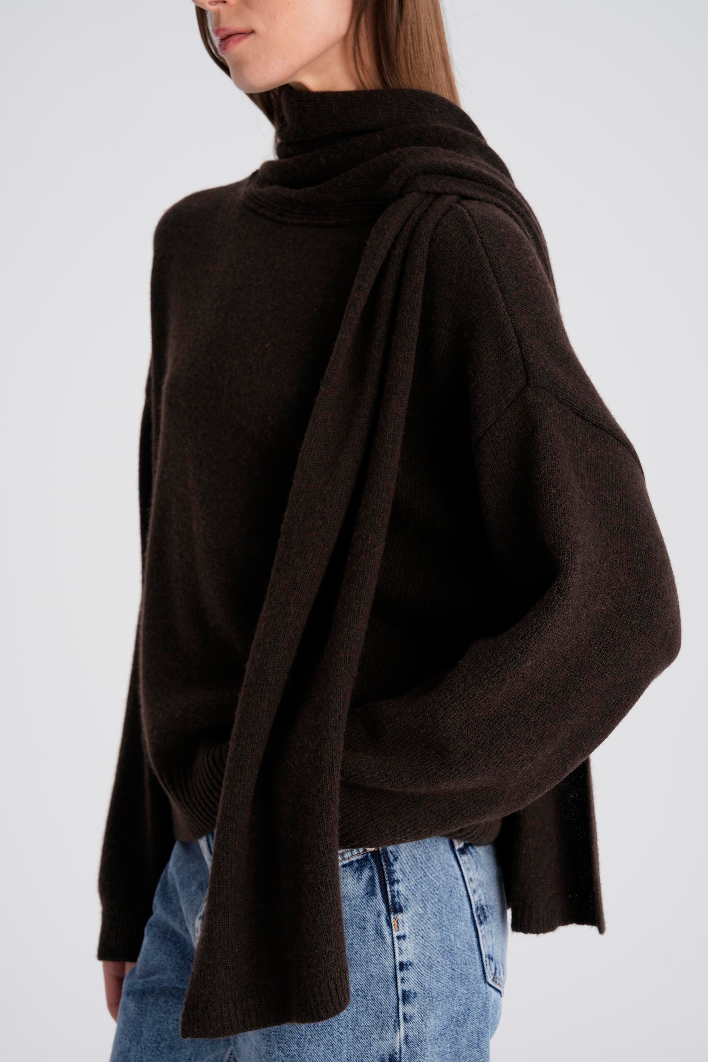 Kahverengi Atkı Yaka Yün Karışımlı Triko Kazak