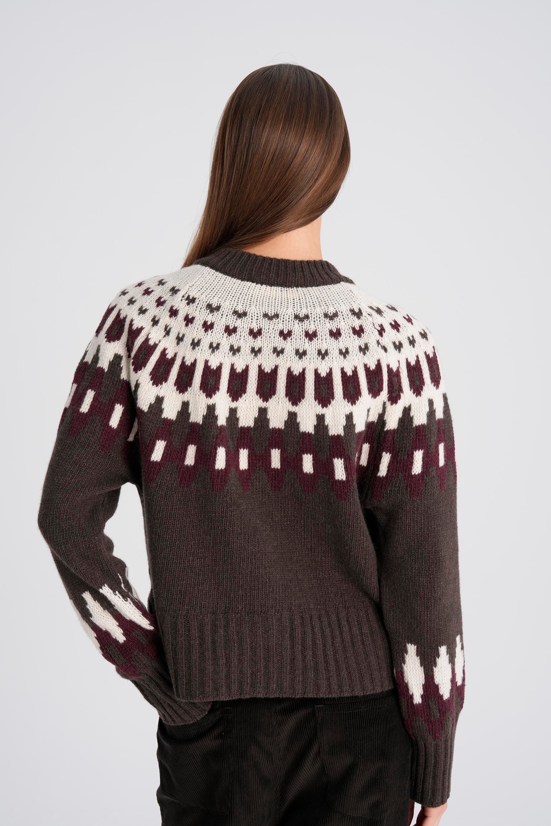 Kahverengi Bisiklet Yaka Düğmeli Jakarlı Yün Hırka