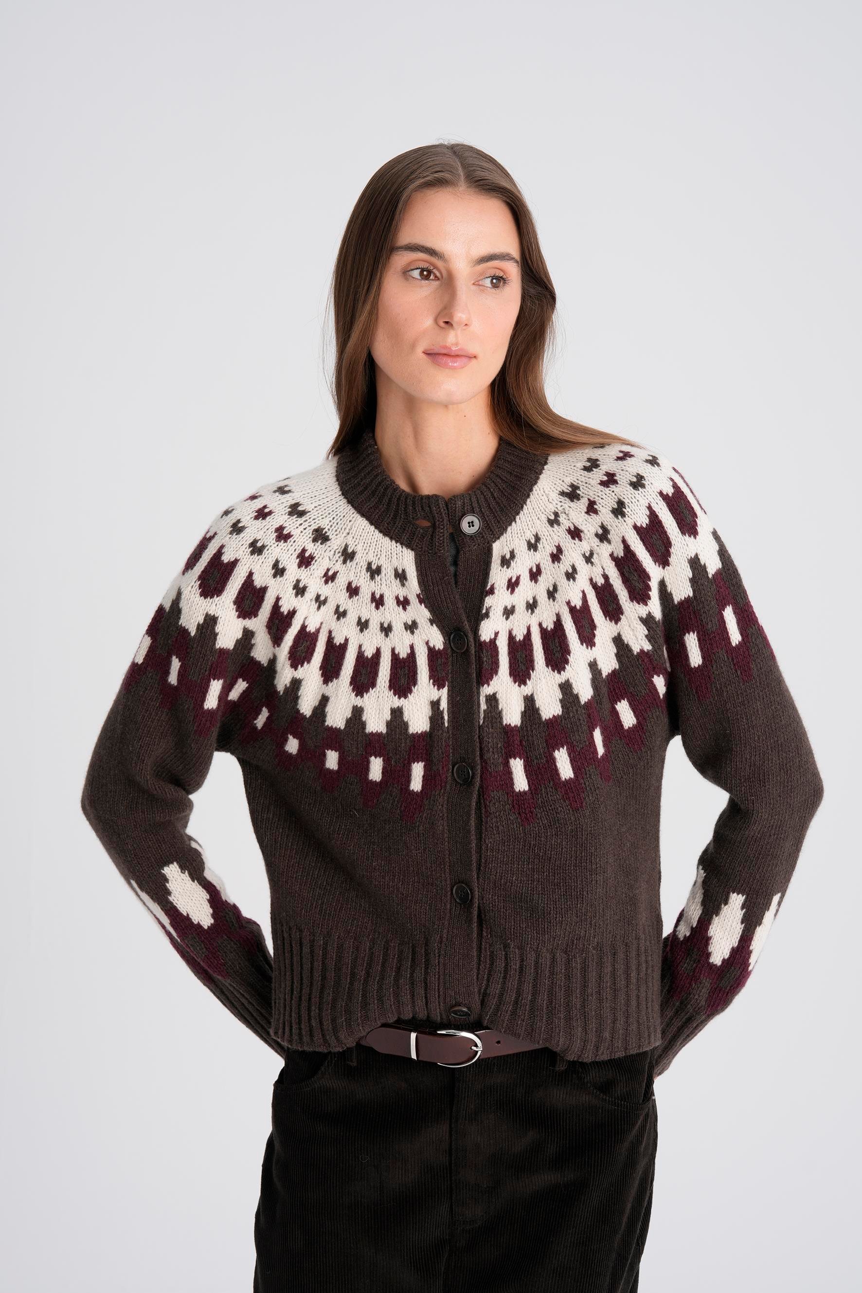 Kahverengi Bisiklet Yaka Düğmeli Jakarlı Yün Hırka