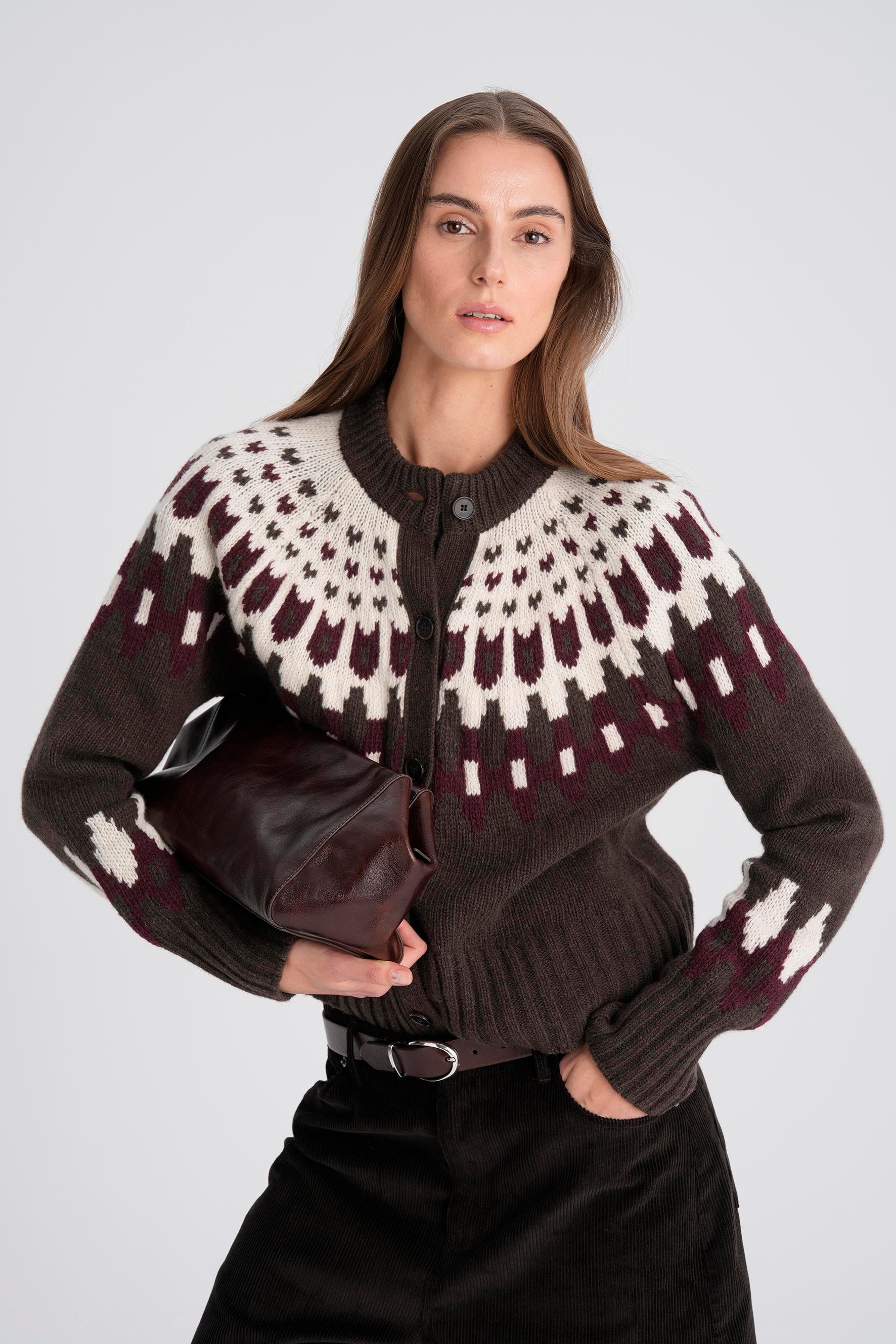 Kahverengi Bisiklet Yaka Düğmeli Jakarlı Yün Hırka