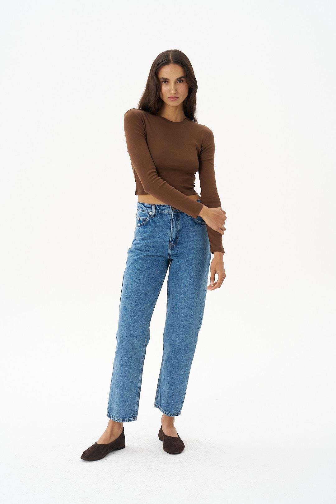 Kahverengi Bisiklet Yaka Uzun Kol Crop Body