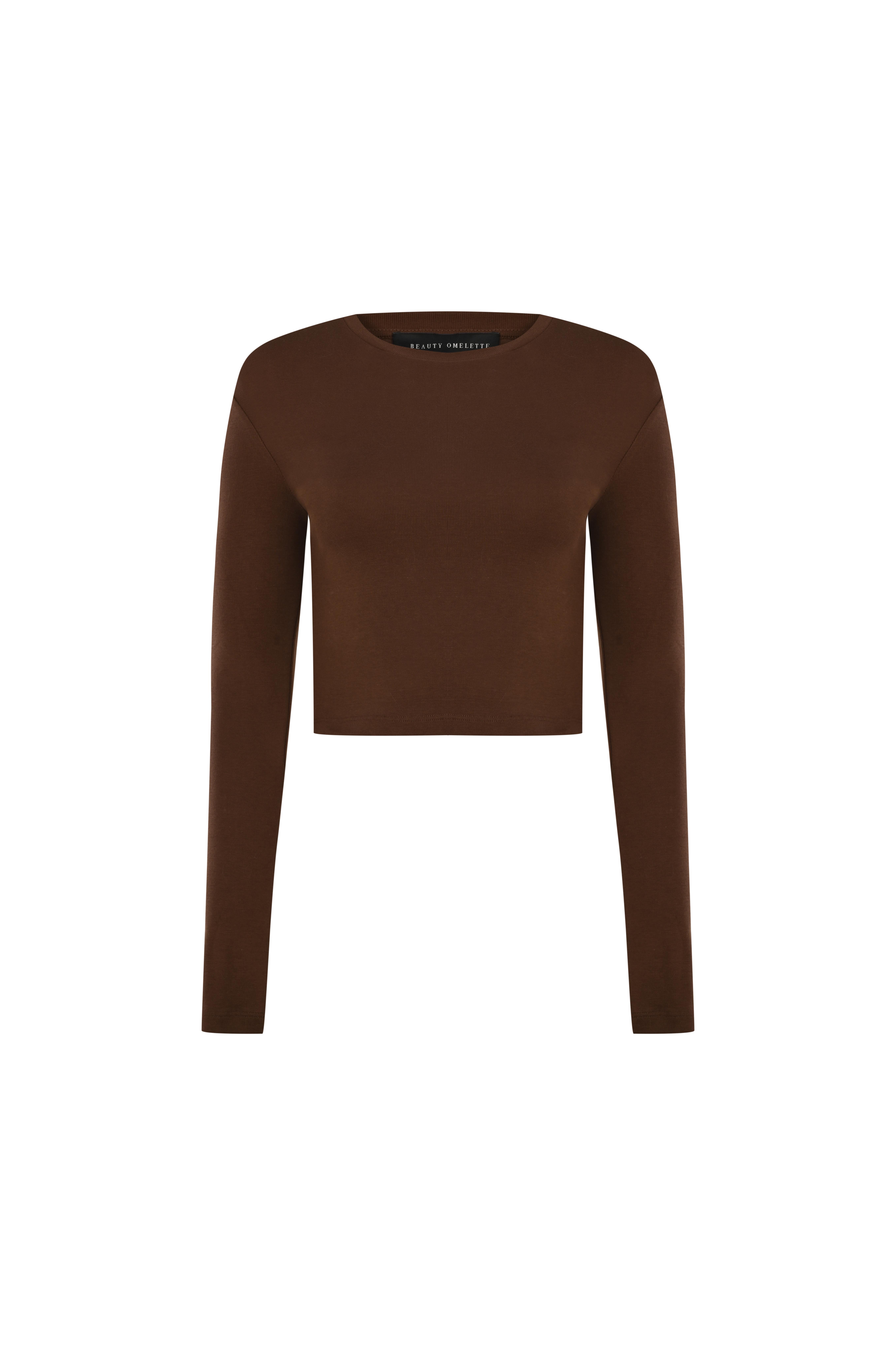 Kahverengi Bisiklet Yaka Uzun Kol Crop Body