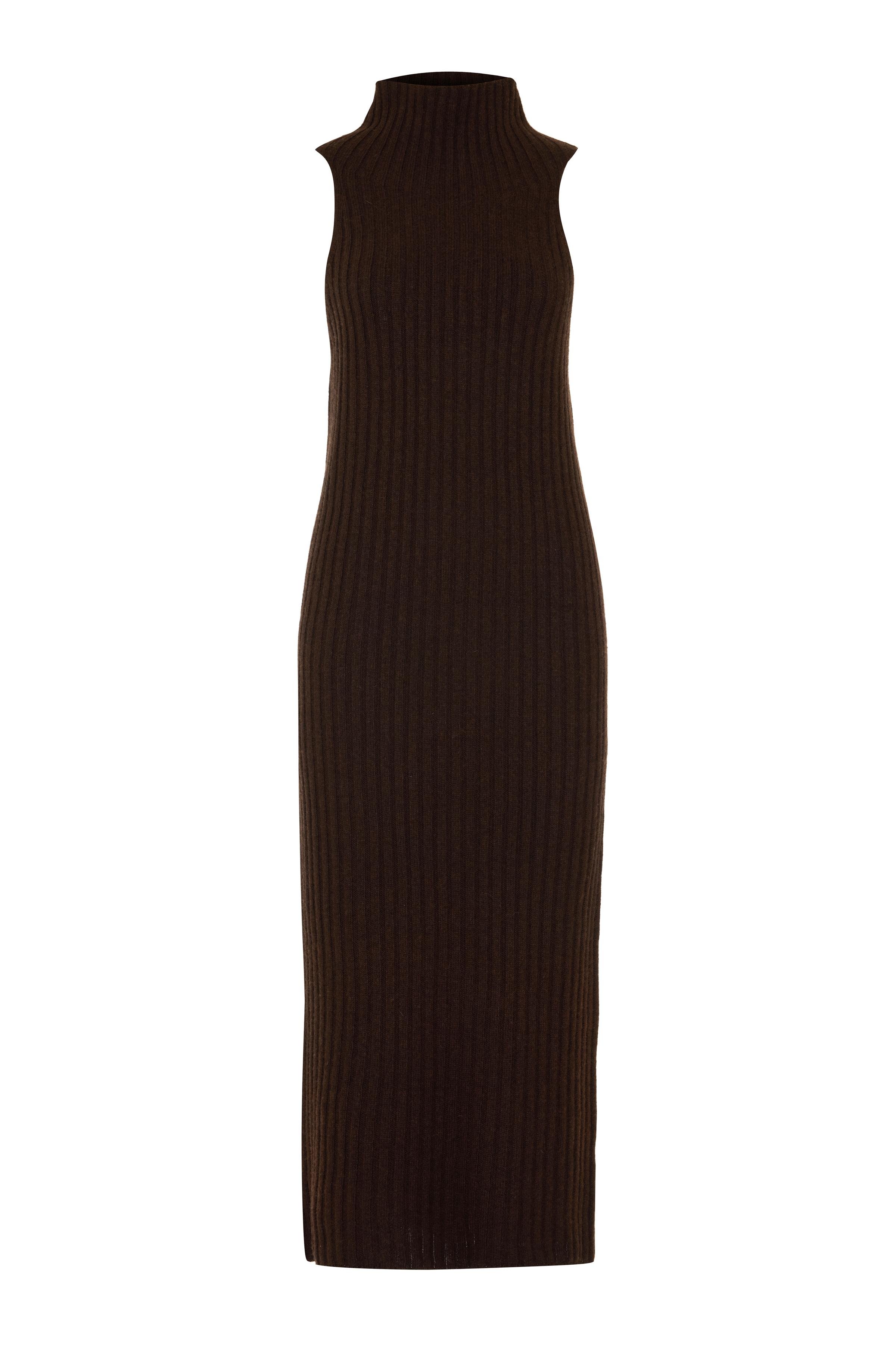 Kahverengi Boğazlı Ribli Kolsuz Triko Elbise