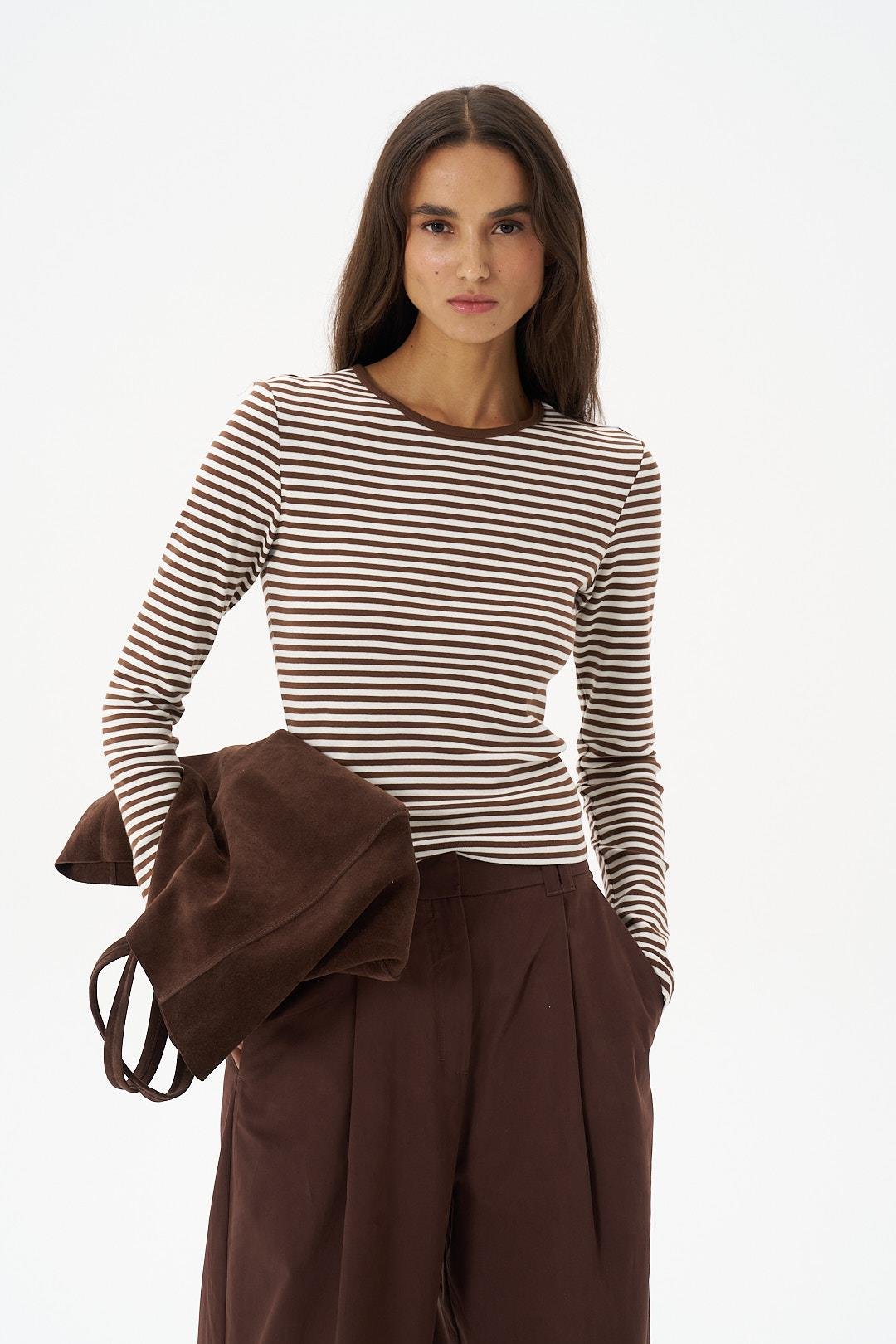 Kahverengi Çizgili Bisiklet Yaka Uzun Kol Body