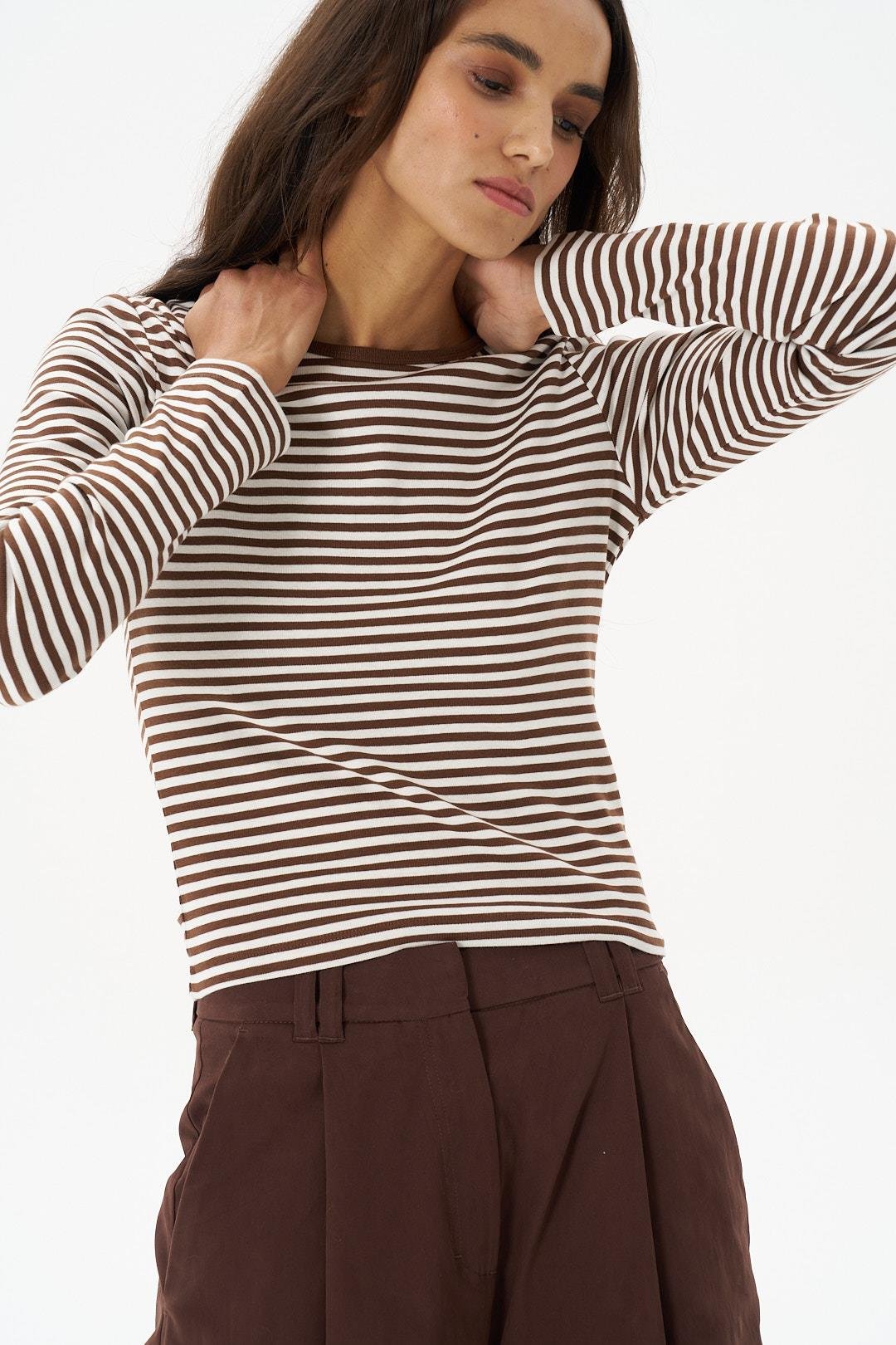 Kahverengi Çizgili Bisiklet Yaka Uzun Kol Body