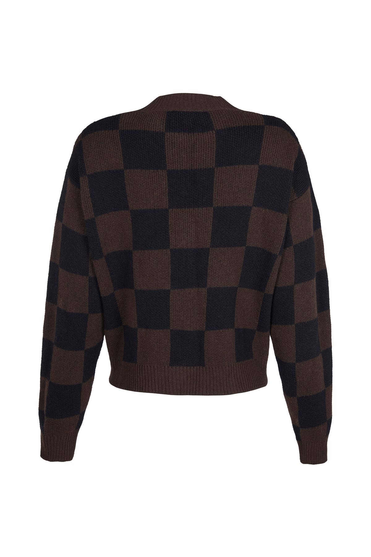 Kahverengi Dama Jakarlı Kutu Form Yün Kazak