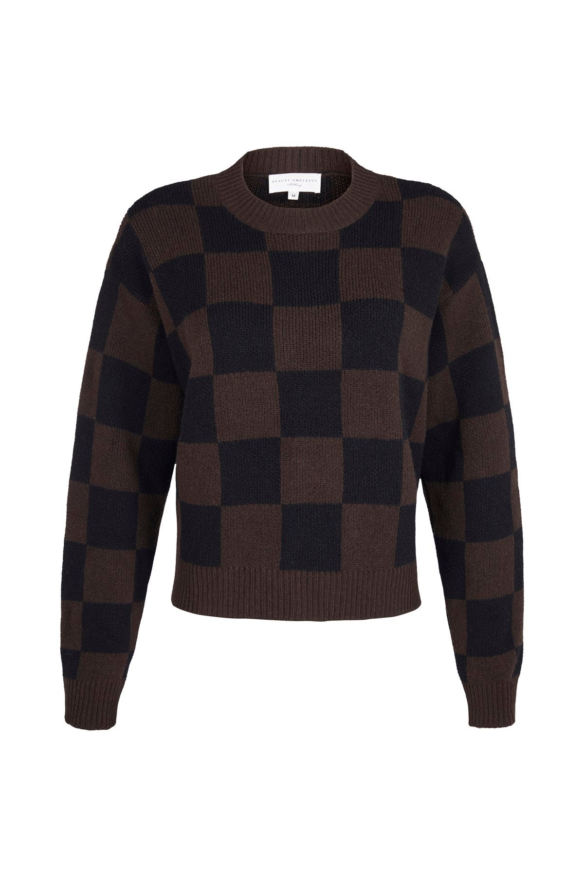 Kahverengi Dama Jakarlı Kutu Form Yün Kazak