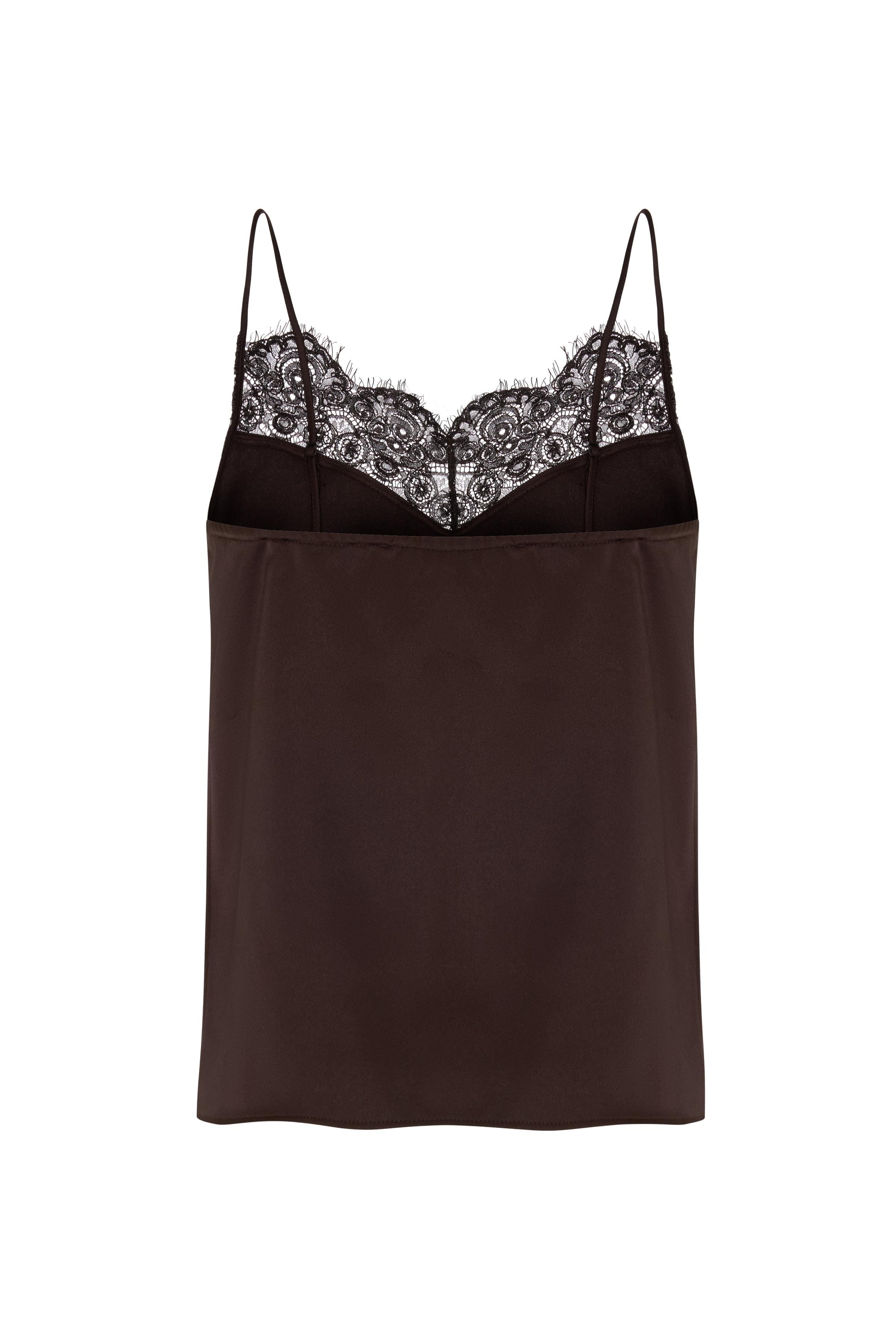 Kahverengi Dantel Detaylı Kamisol Saten Bluz