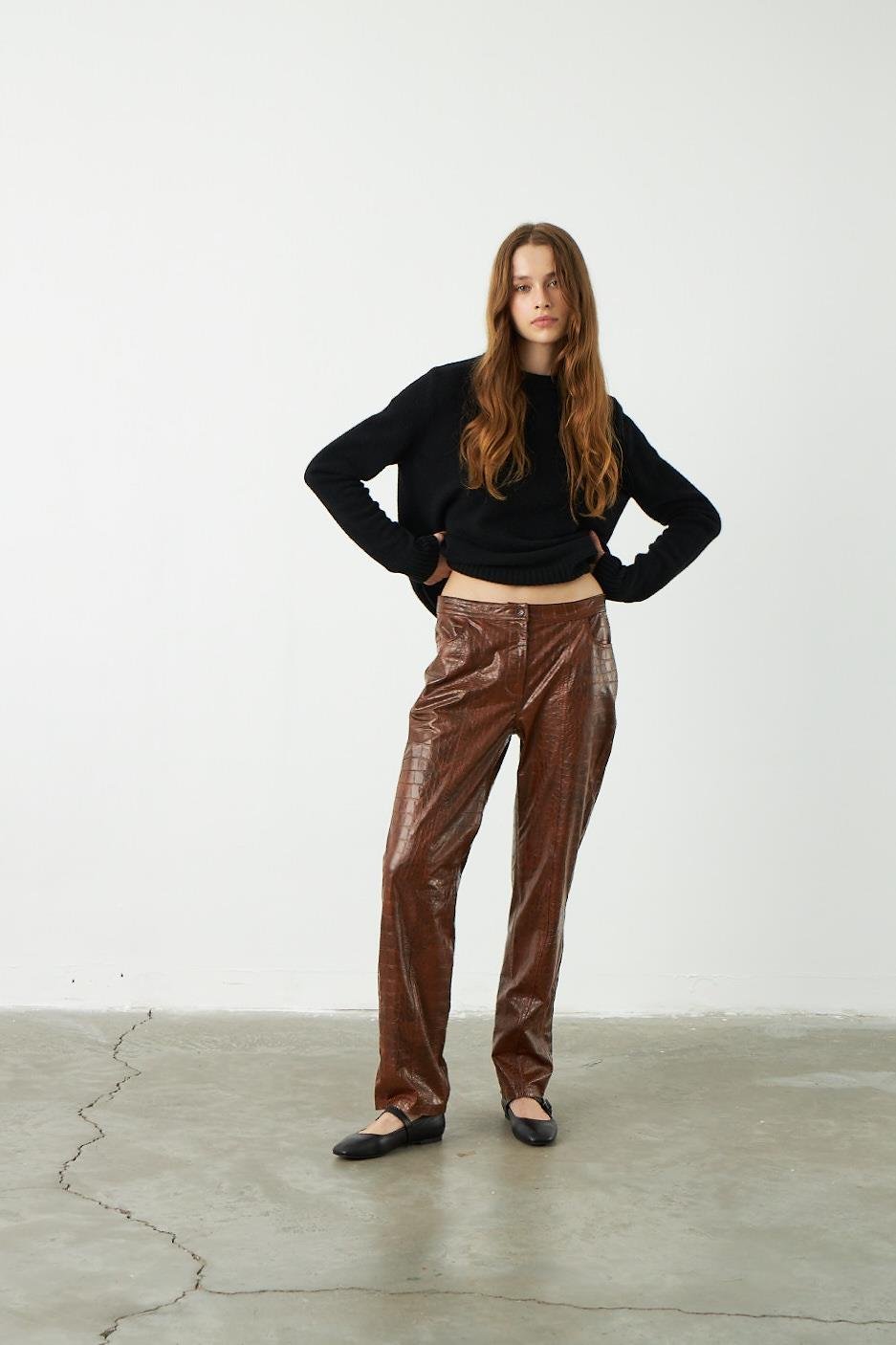 Kahverengi Deri Görünümlü Kroko Pantolon - Exclusive Collection