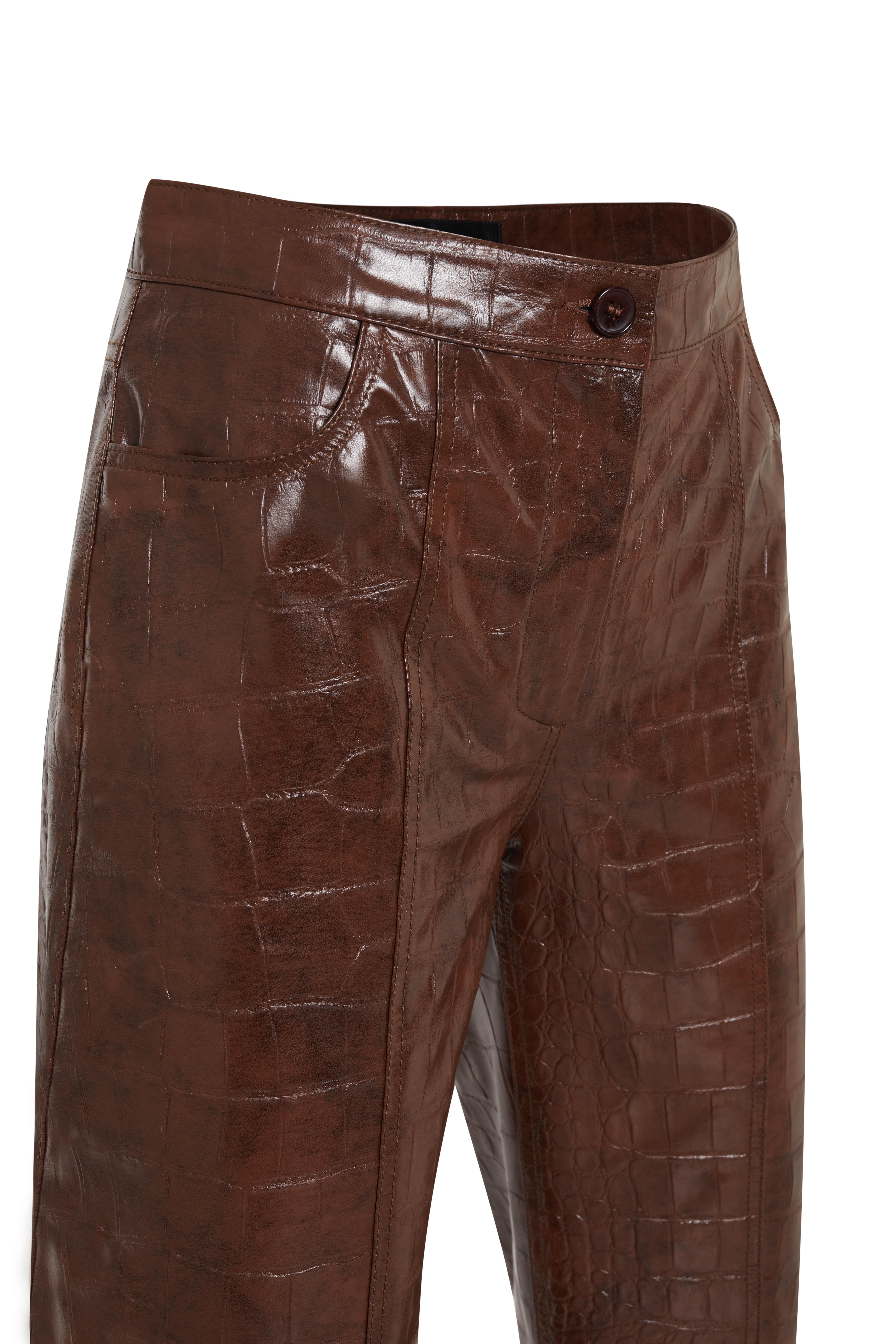 Kahverengi Deri Görünümlü Kroko Pantolon - Exclusive Collection