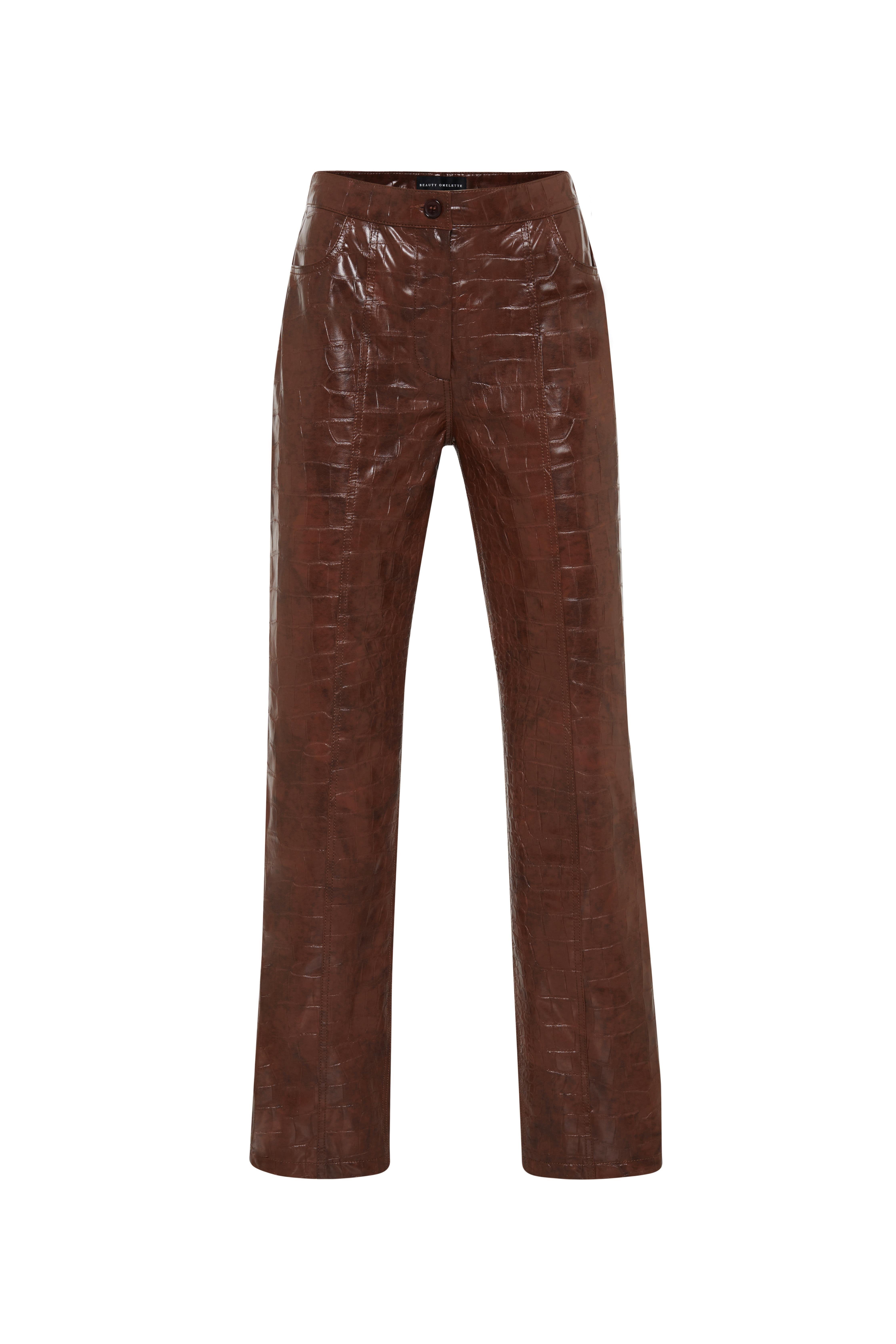 Kahverengi Deri Görünümlü Kroko Pantolon