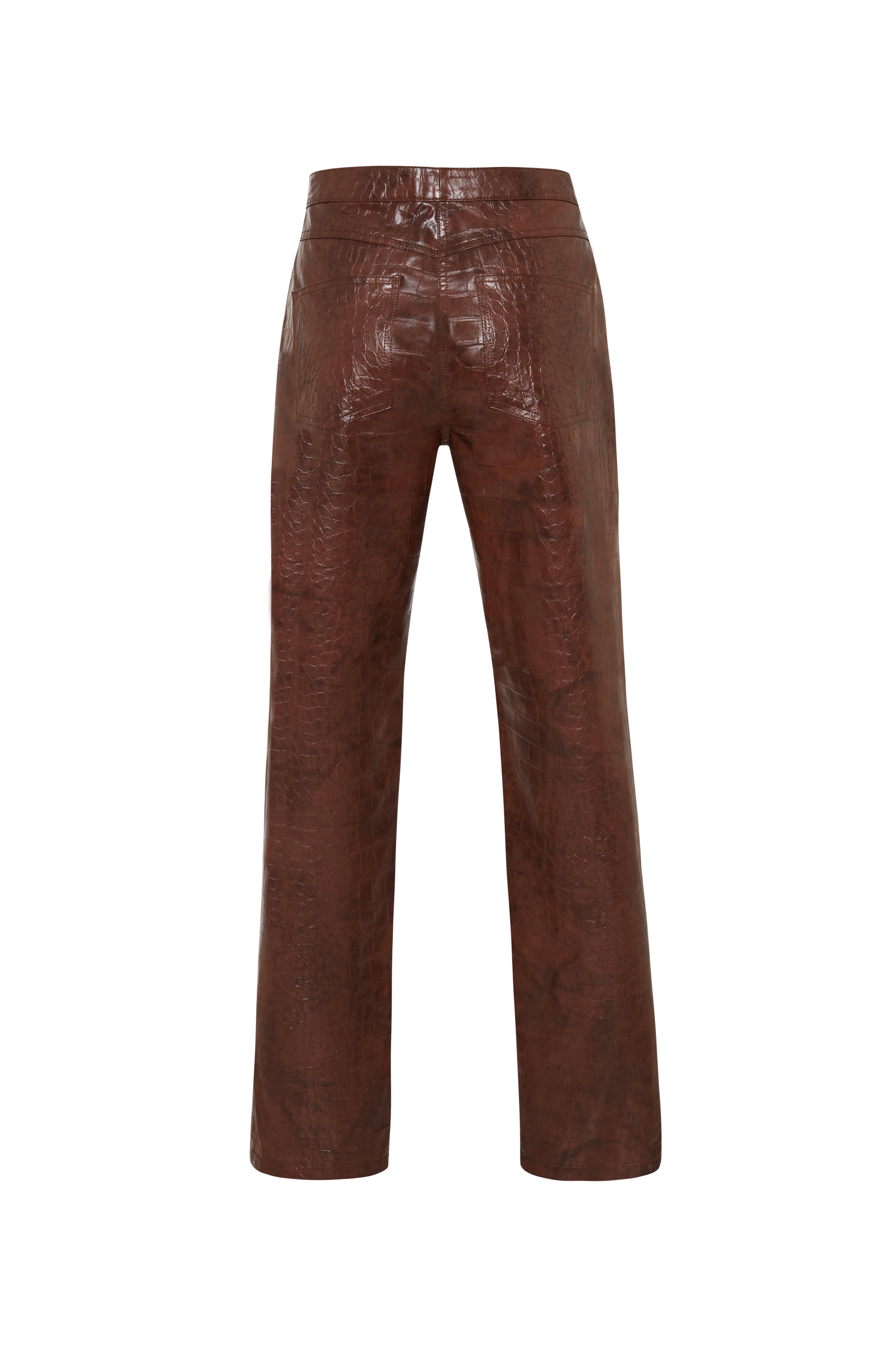 Kahverengi Deri Görünümlü Kroko Pantolon - Exclusive Collection