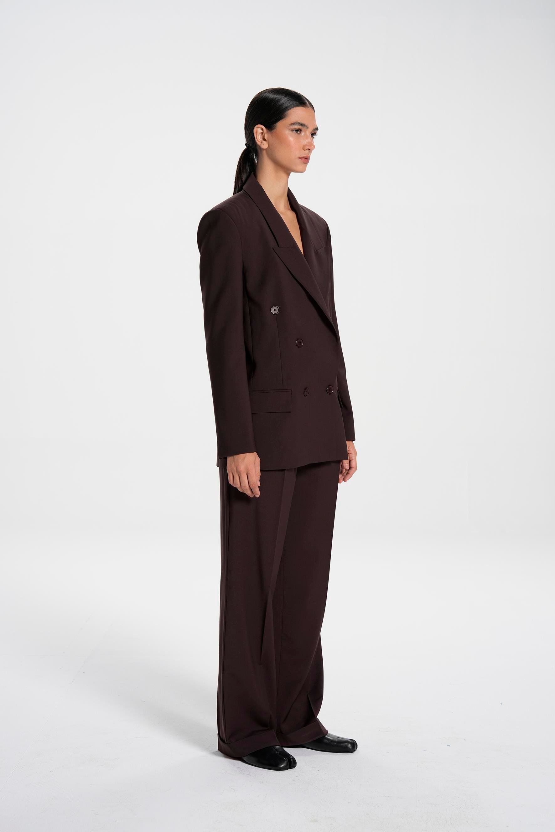 Kahverengi Duble Paça Yünlü Bol Pantolon