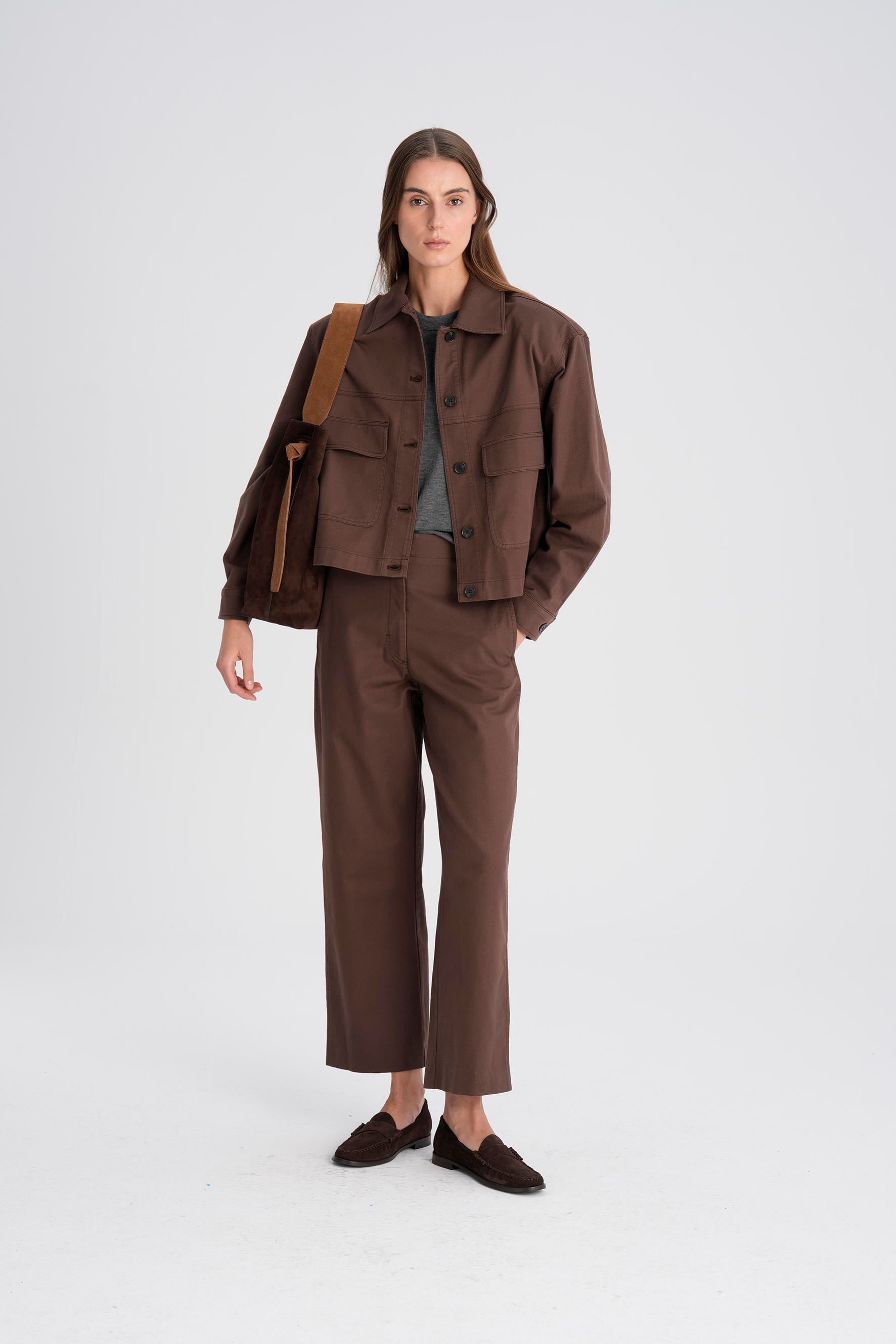 Kahverengi Gabardin Kavisli Cropped Pantolon