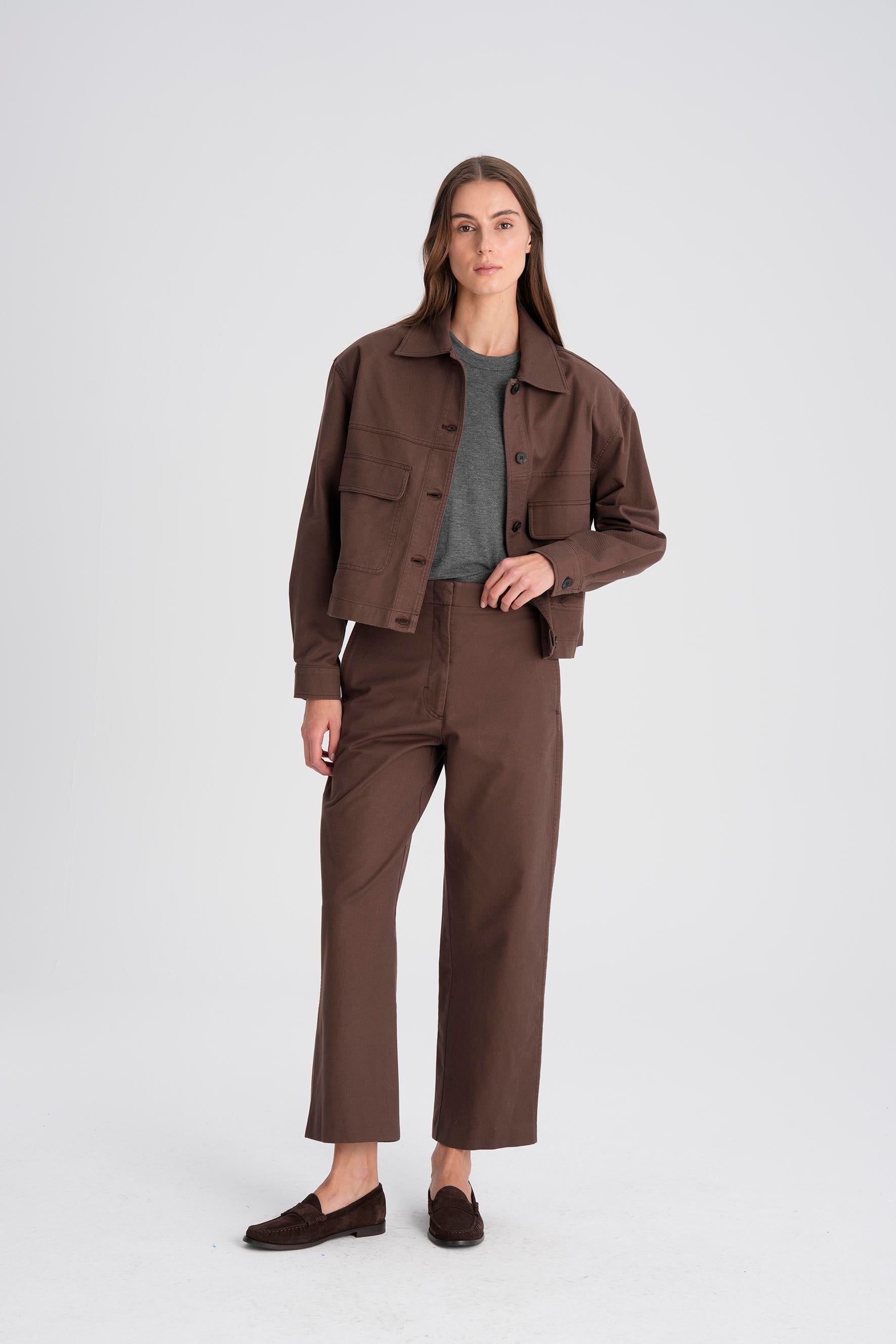 Kahverengi Gabardin Kavisli Cropped Pantolon