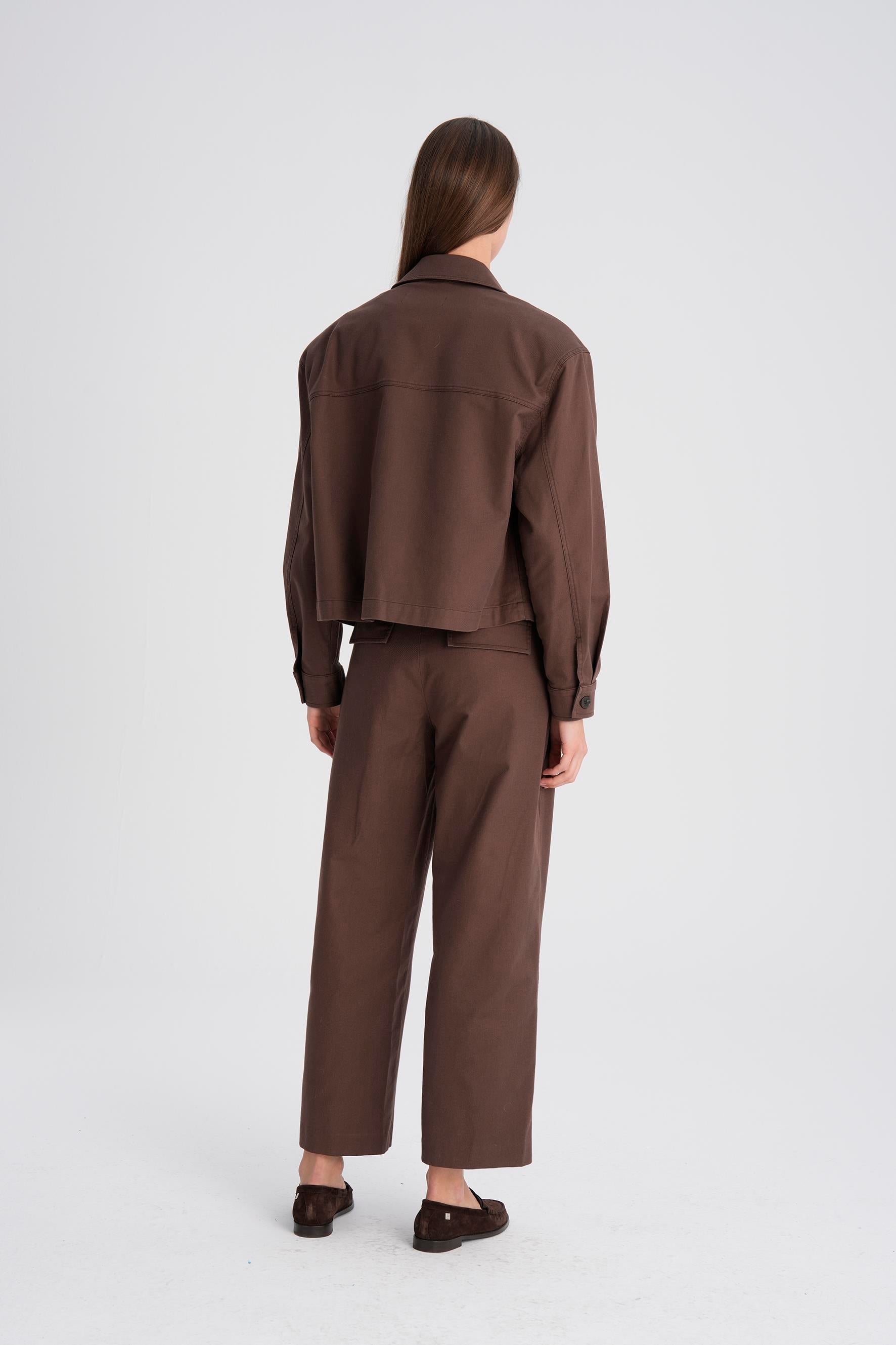 Kahverengi Gabardin Kavisli Cropped Pantolon