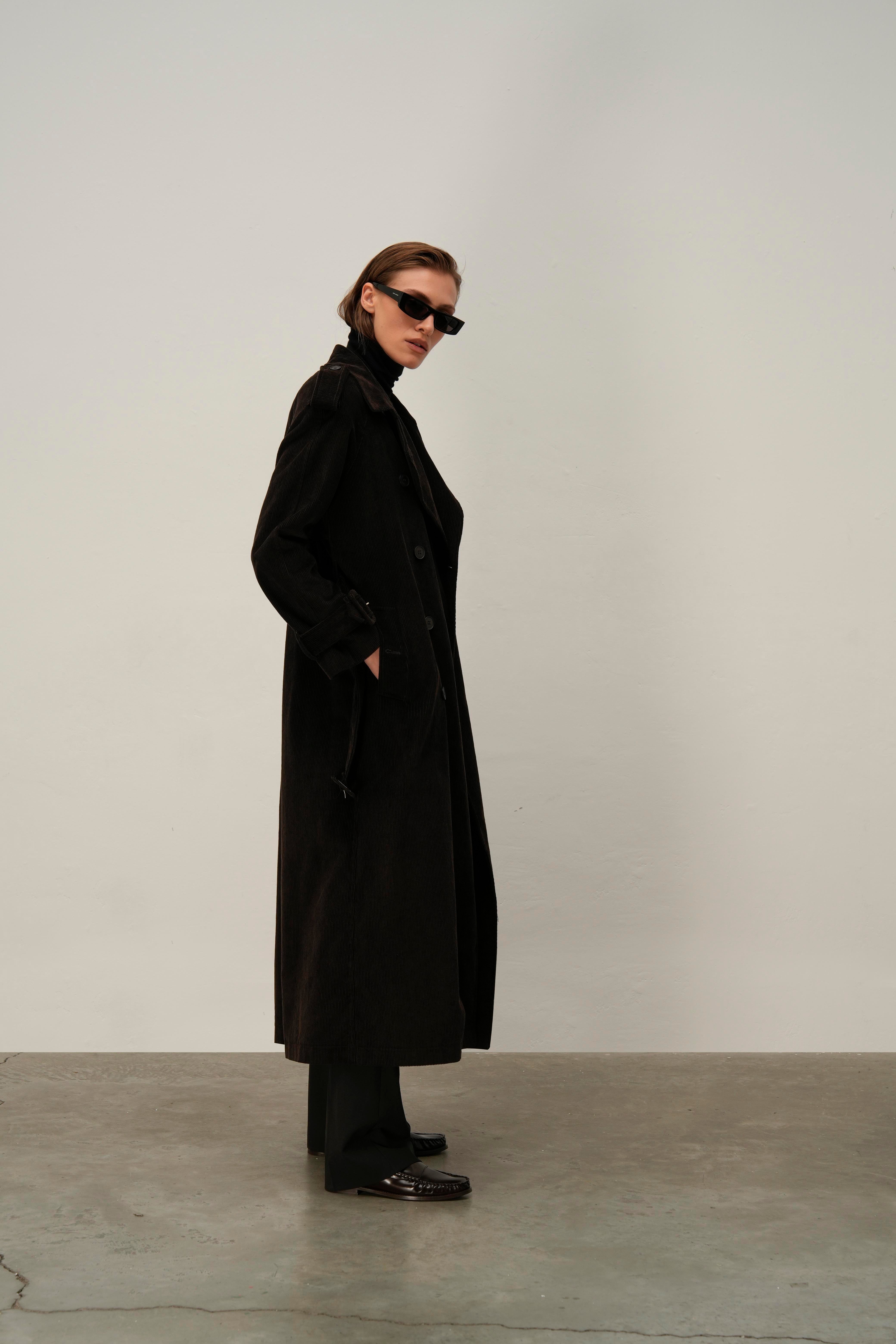 Kahverengi Kadife Oversıze Trenchcoat