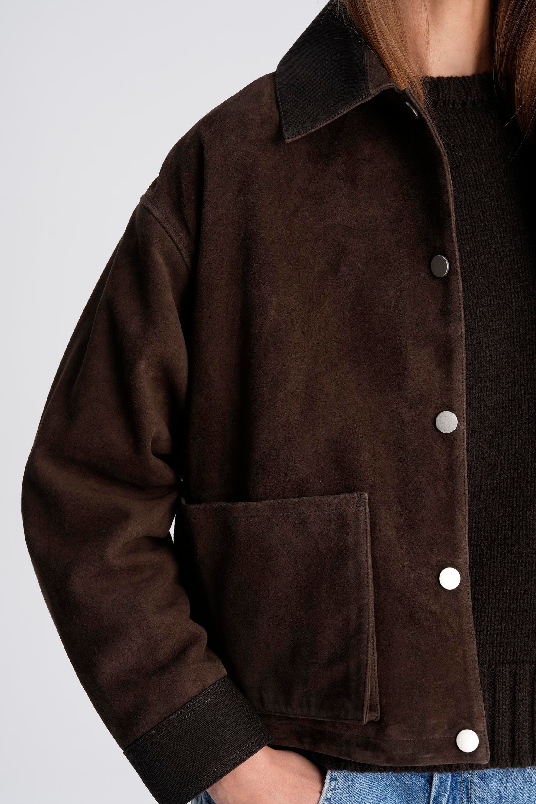 Kahverengi Kanvas Detaylı Kısa Süet Ceket