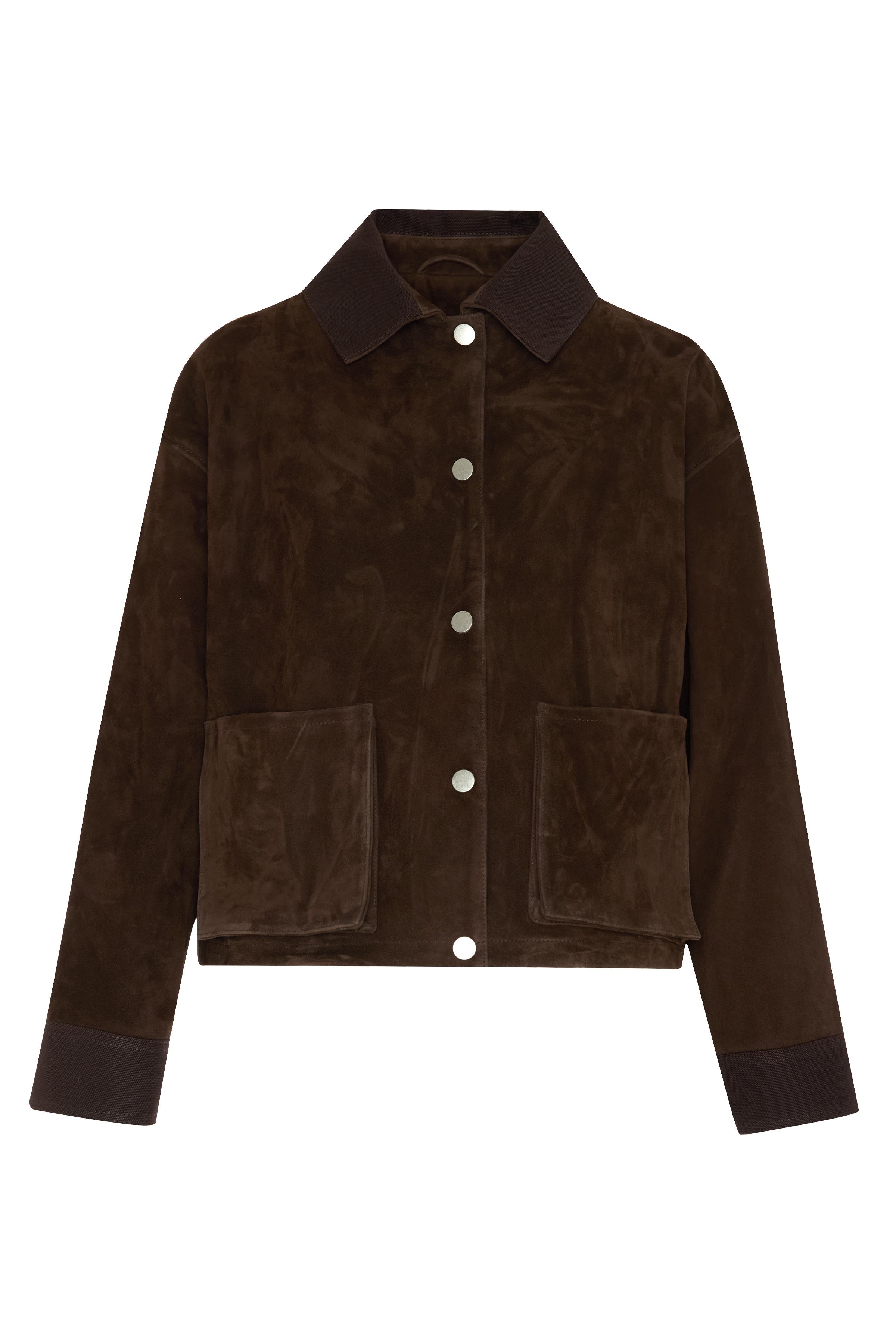 Kahverengi Kanvas Detaylı Kısa Süet Ceket