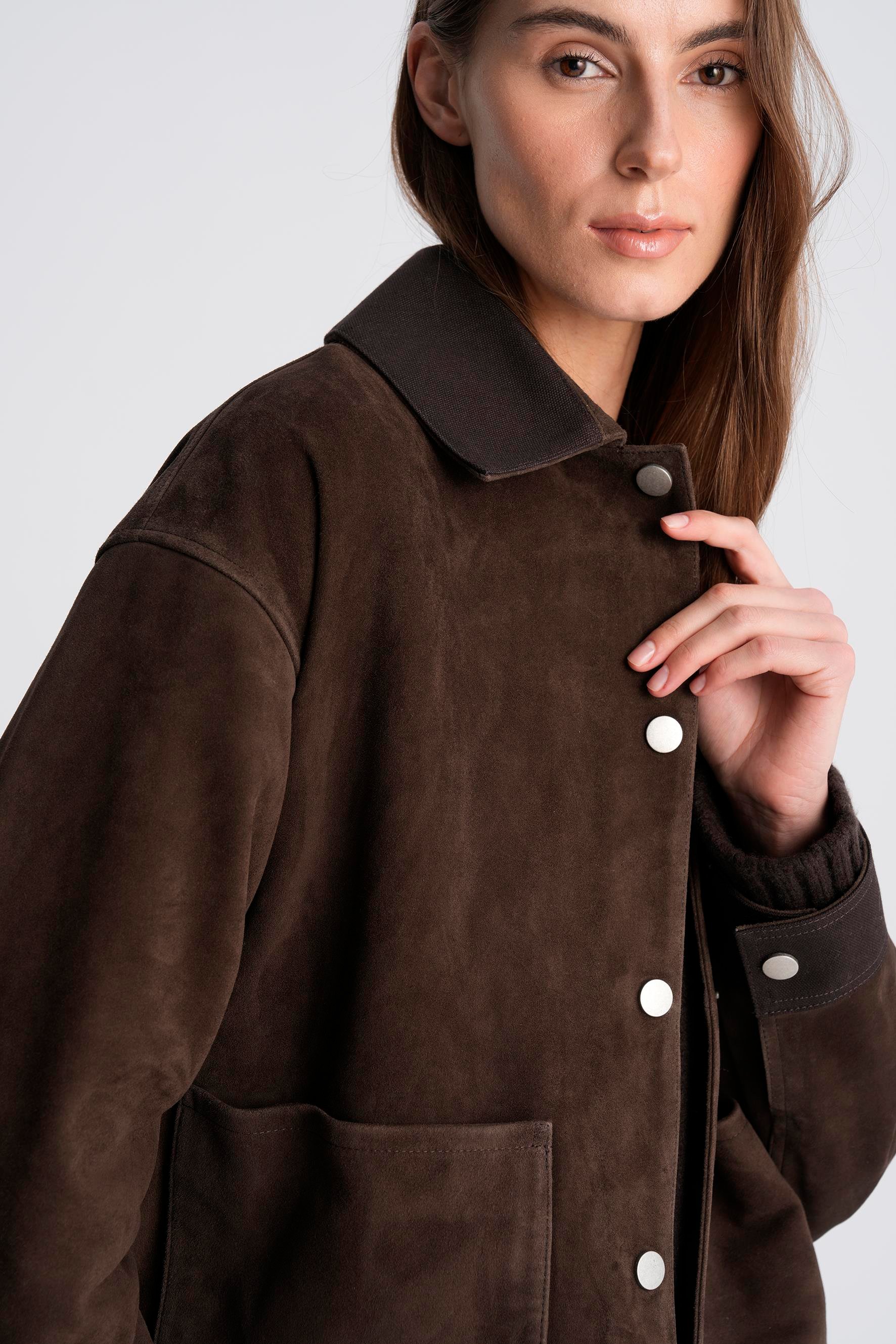 Kahverengi Kanvas Detaylı Kısa Süet Ceket