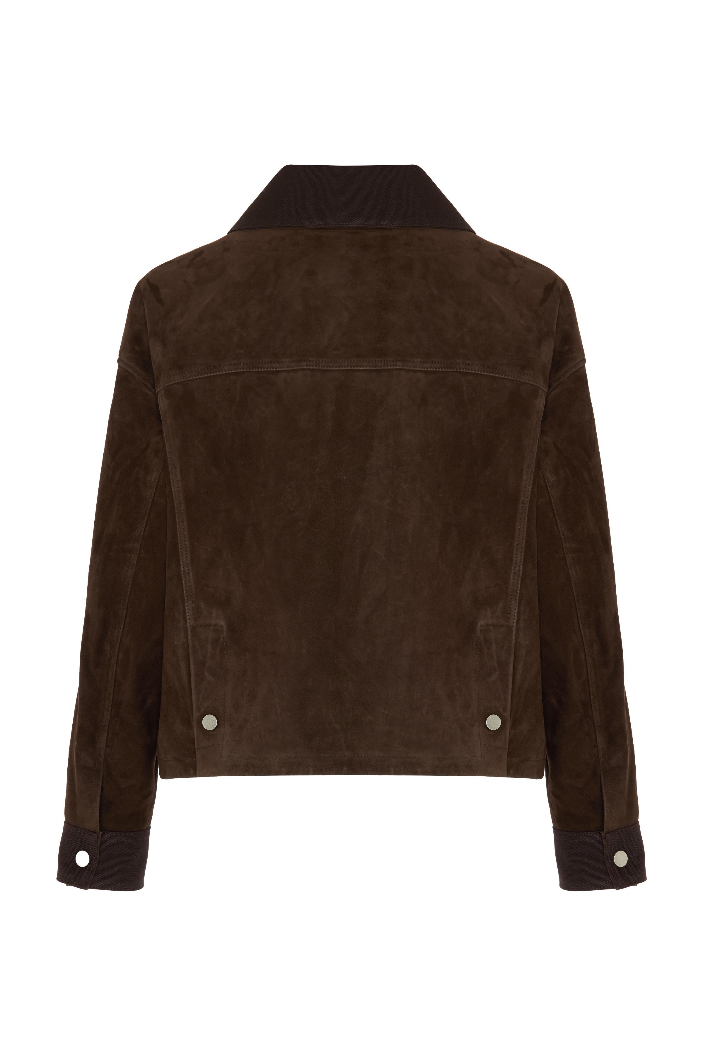 Kahverengi Kanvas Detaylı Kısa Süet Ceket