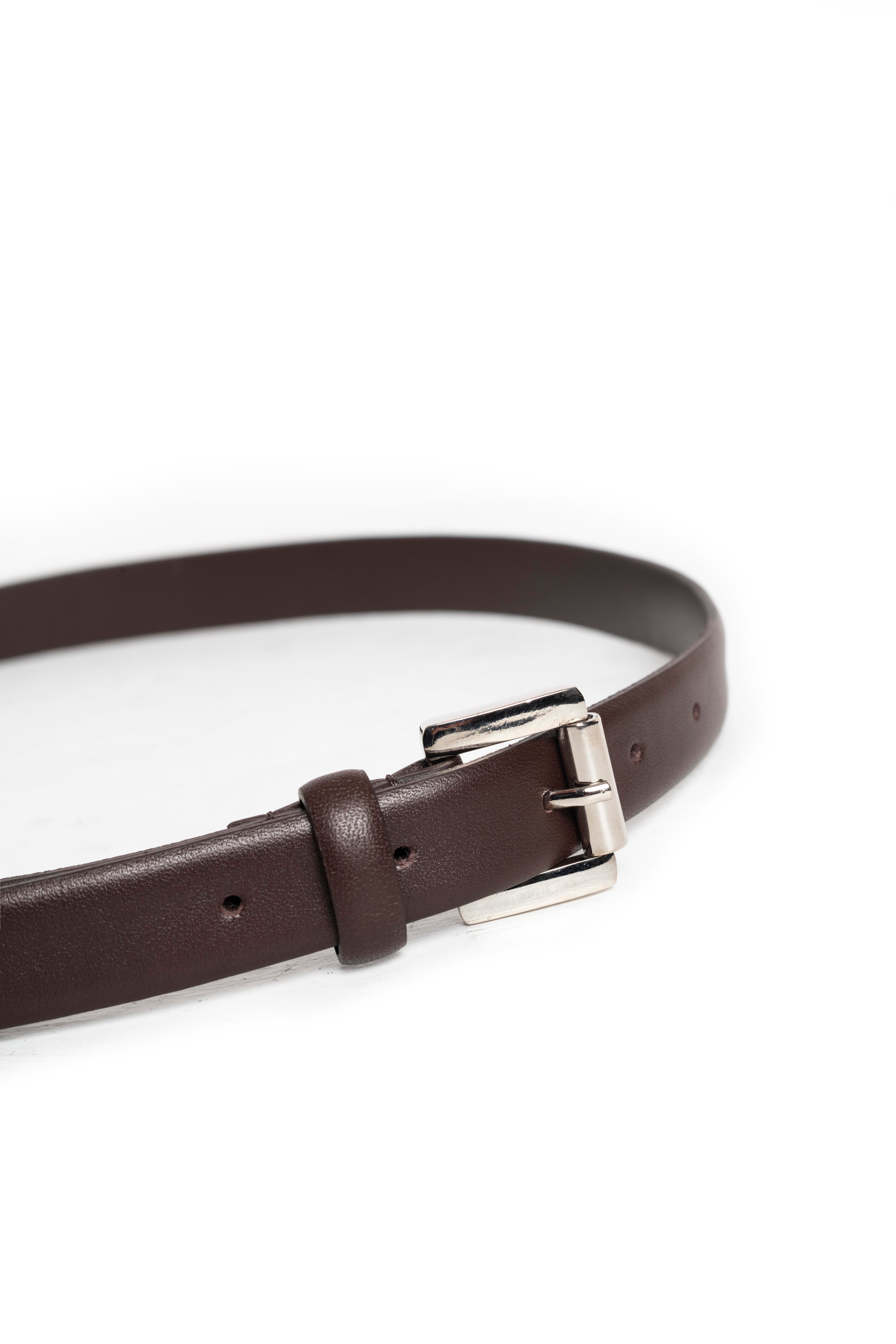 Kahverengi Kare Silver Tokalı Deri İnce Kemer