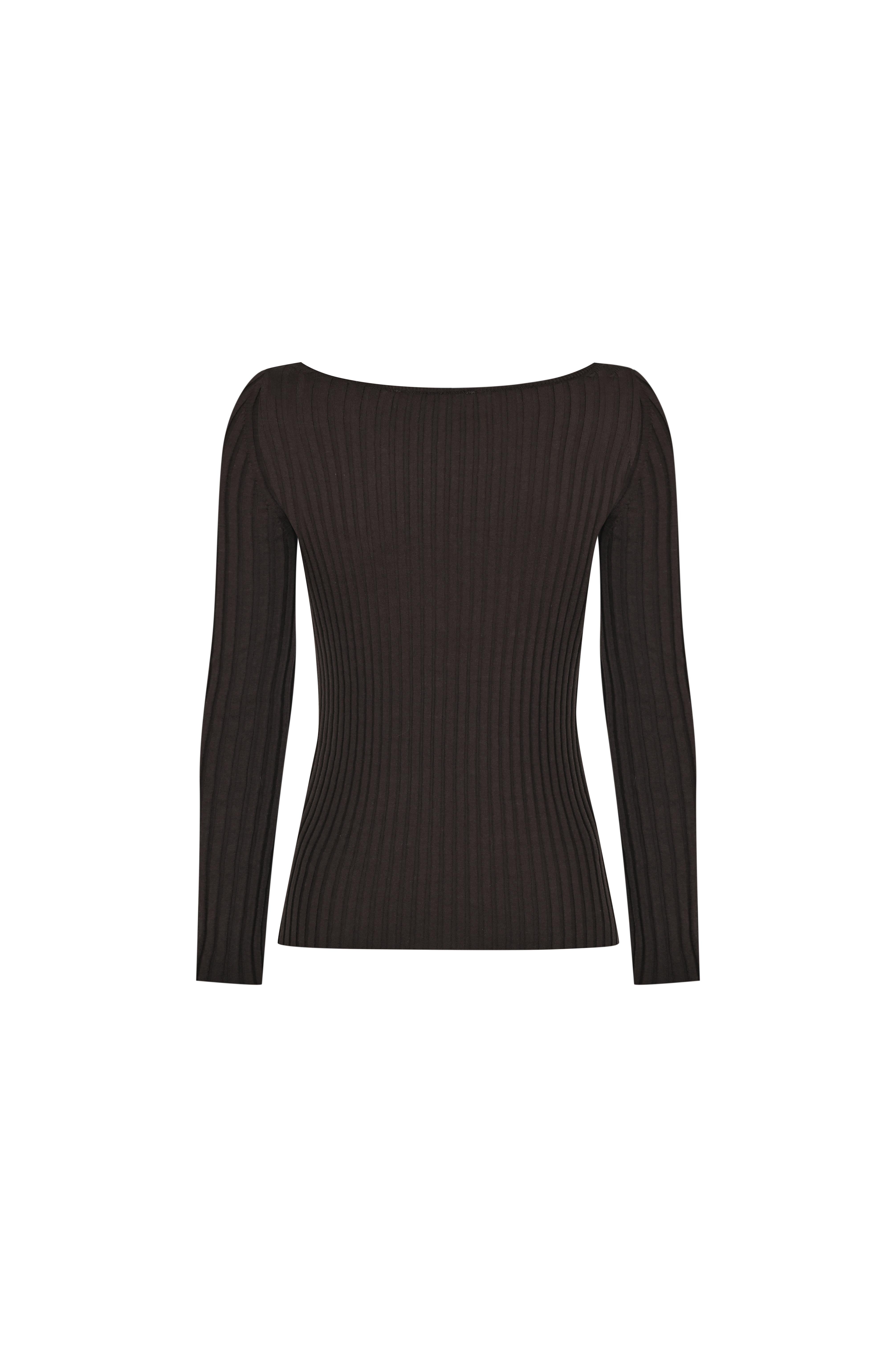 Kahverengi Kayık Yaka Ribli Triko Kazak