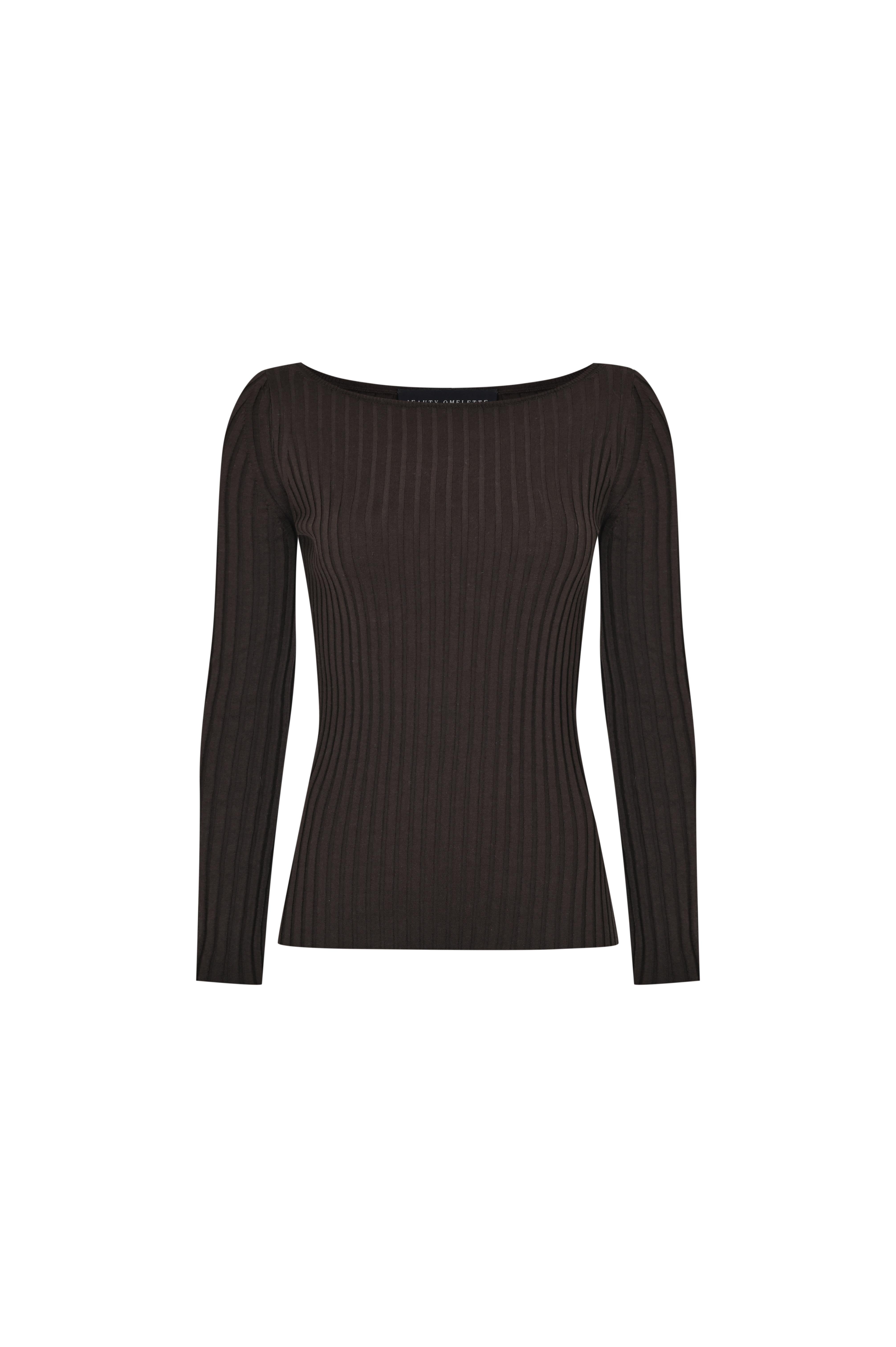 Kahverengi Kayık Yaka Ribli Triko Kazak