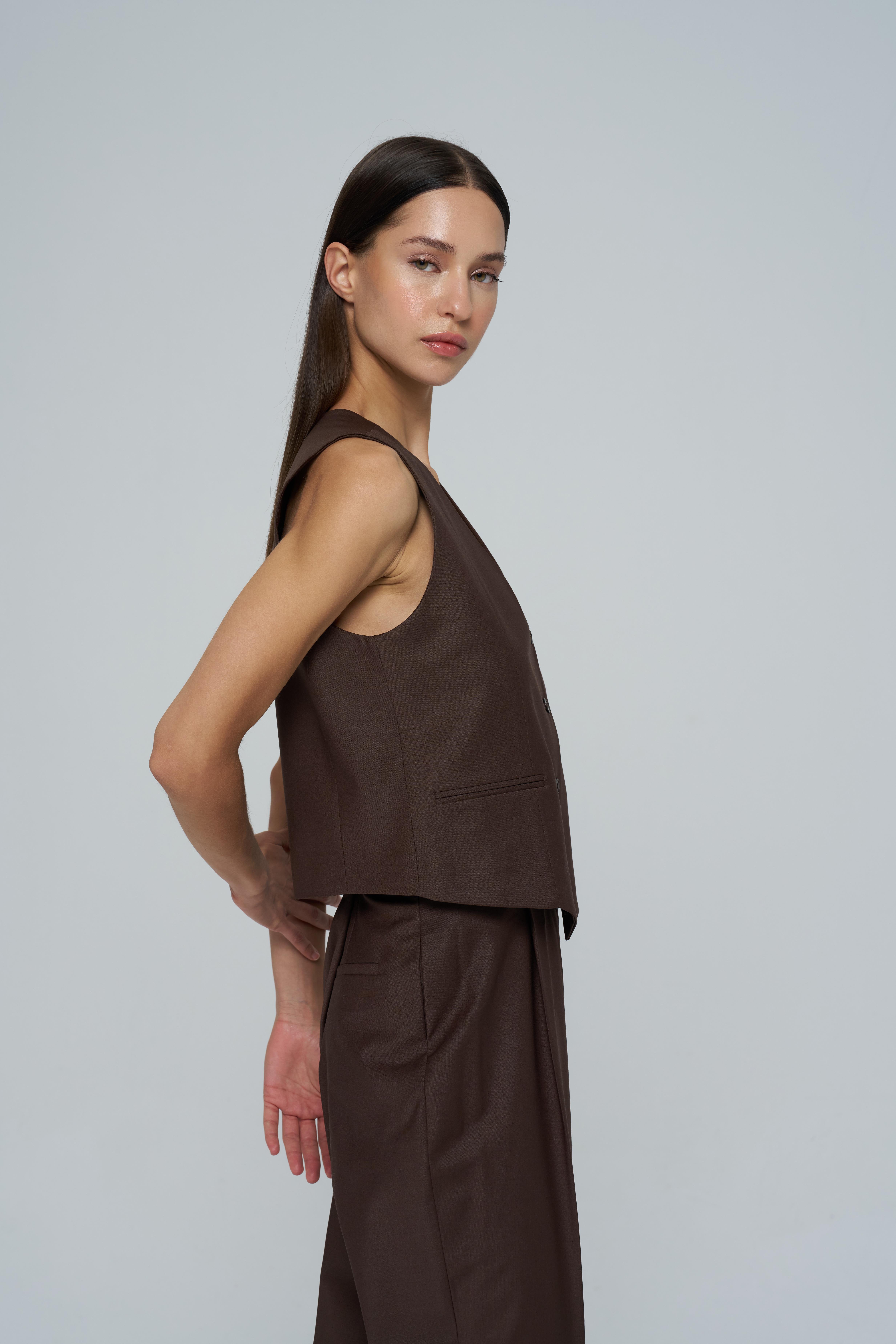 Kahverengi Klapasız Yünlü Yelek