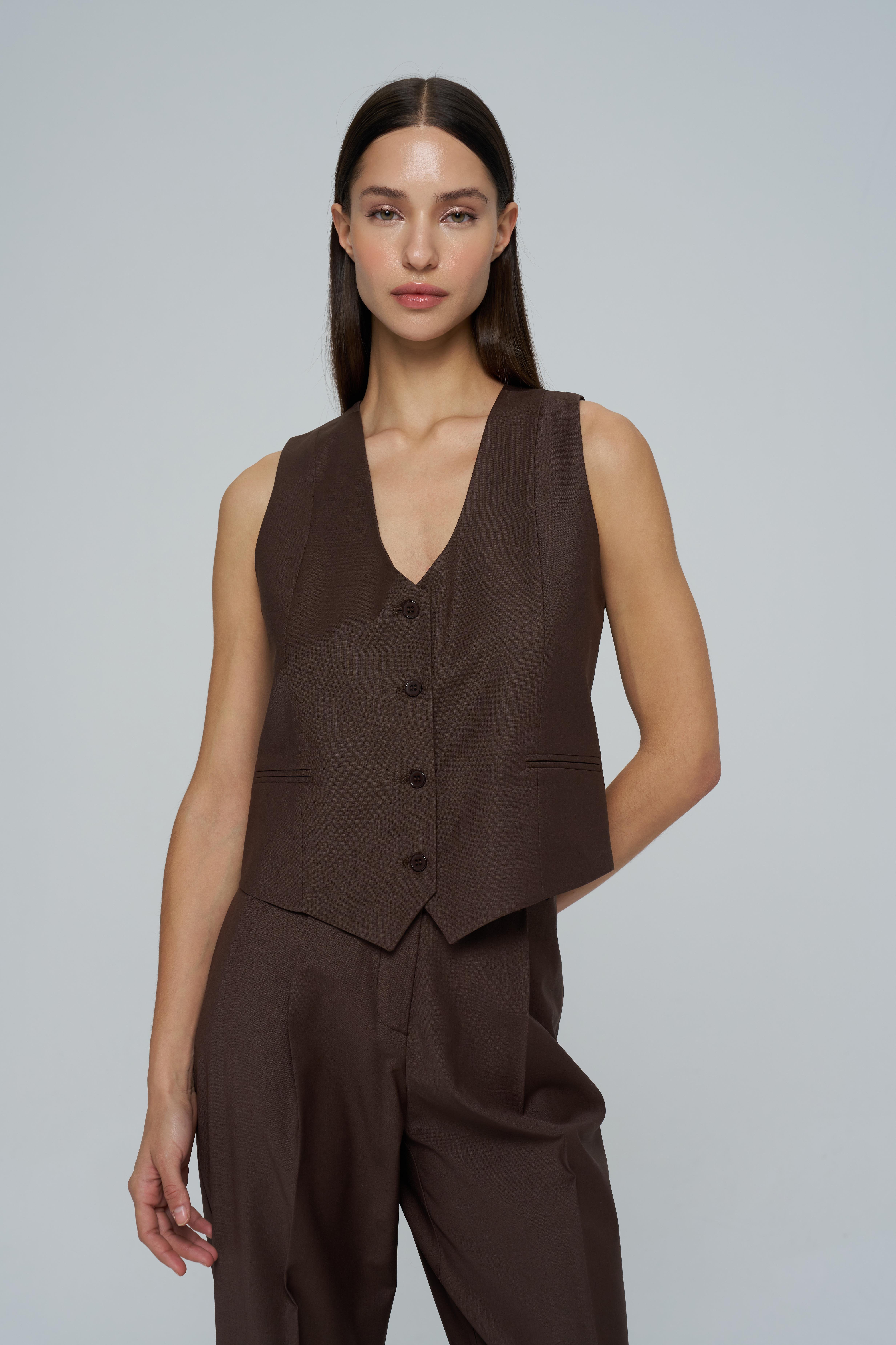 Kahverengi Klapasız Yünlü Yelek