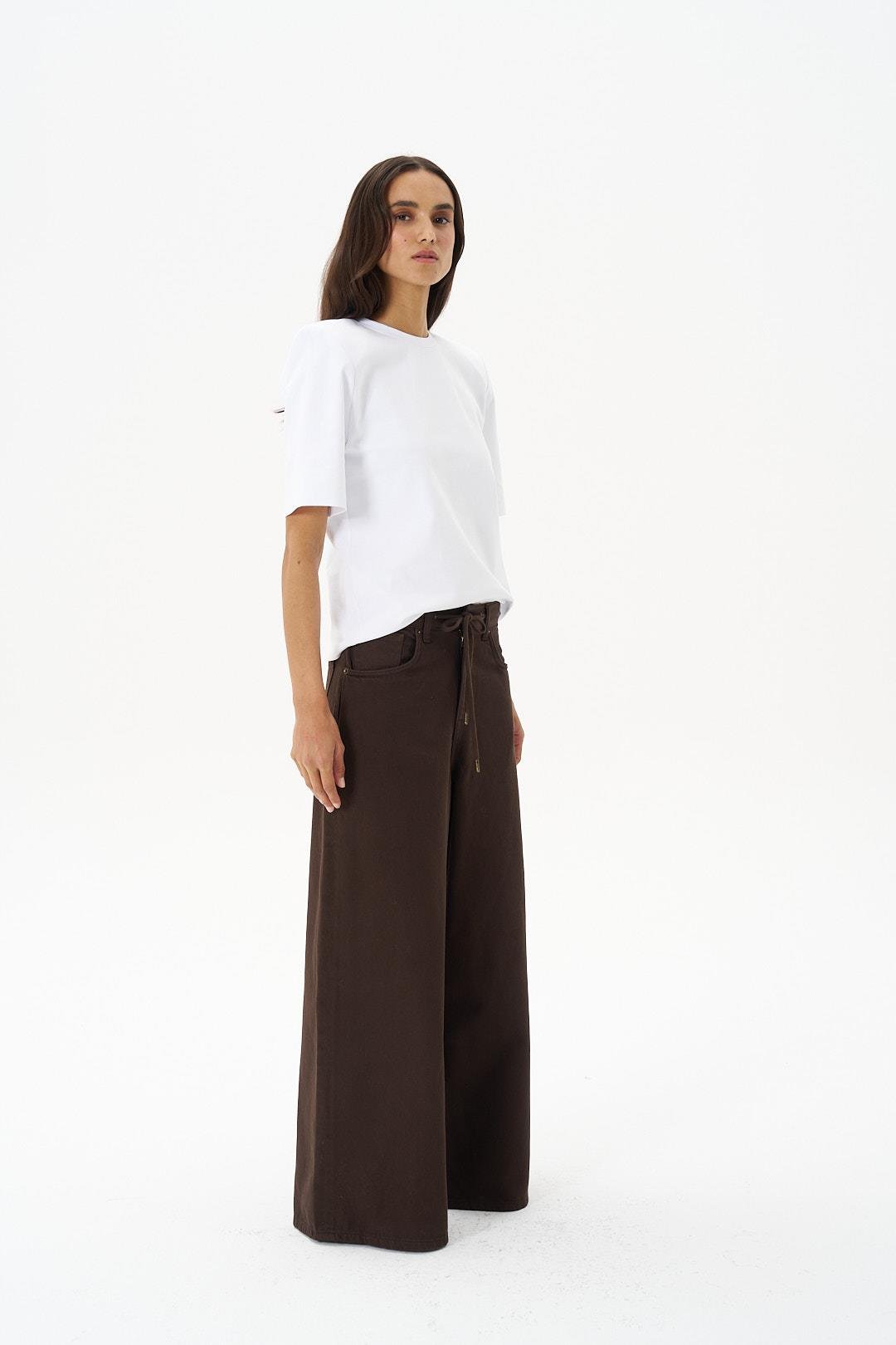 Kahverengi Kordonlu Wide Leg Jean