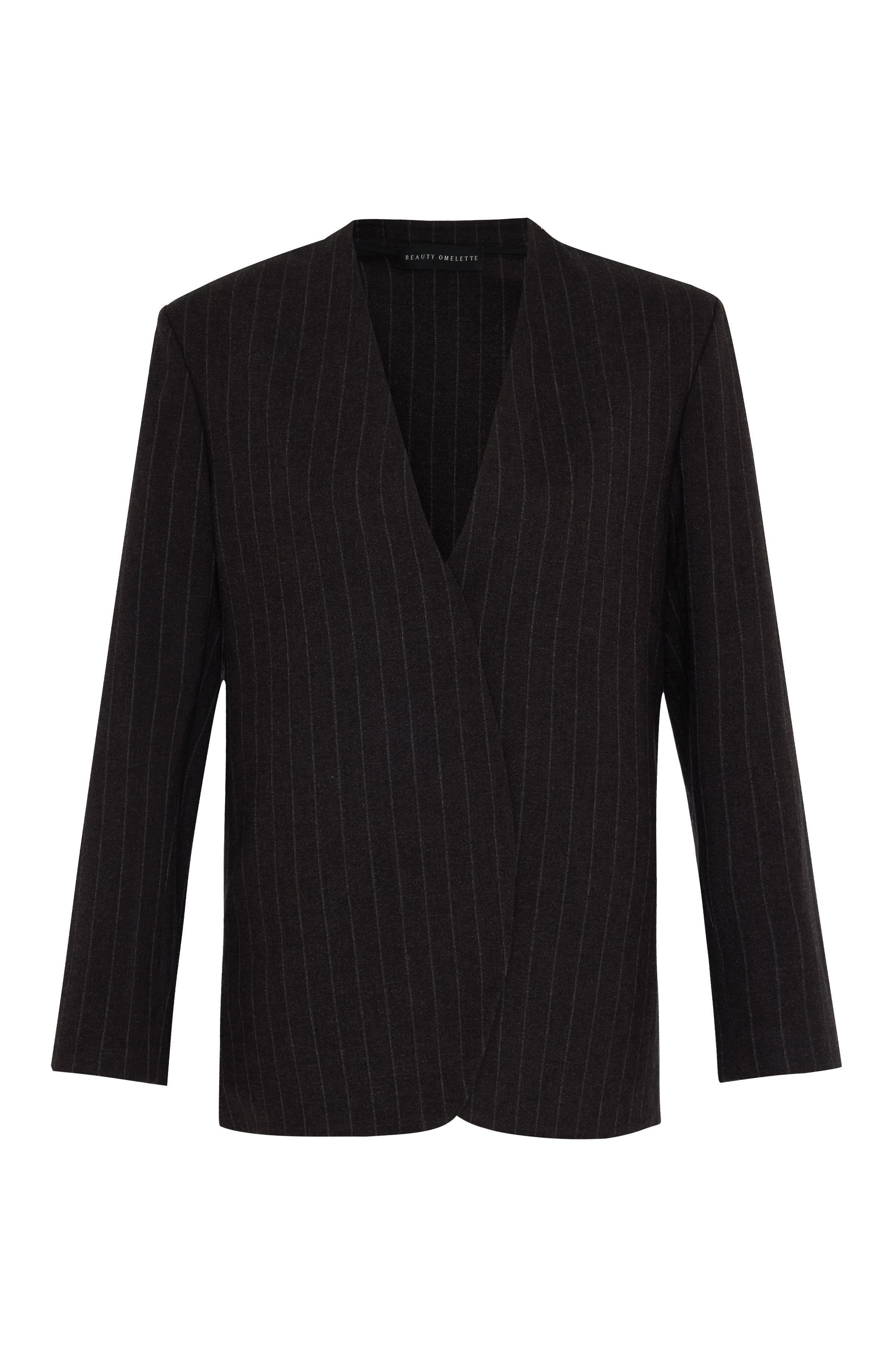 Kahverengi Pinstripe Yakasız Form Ceket