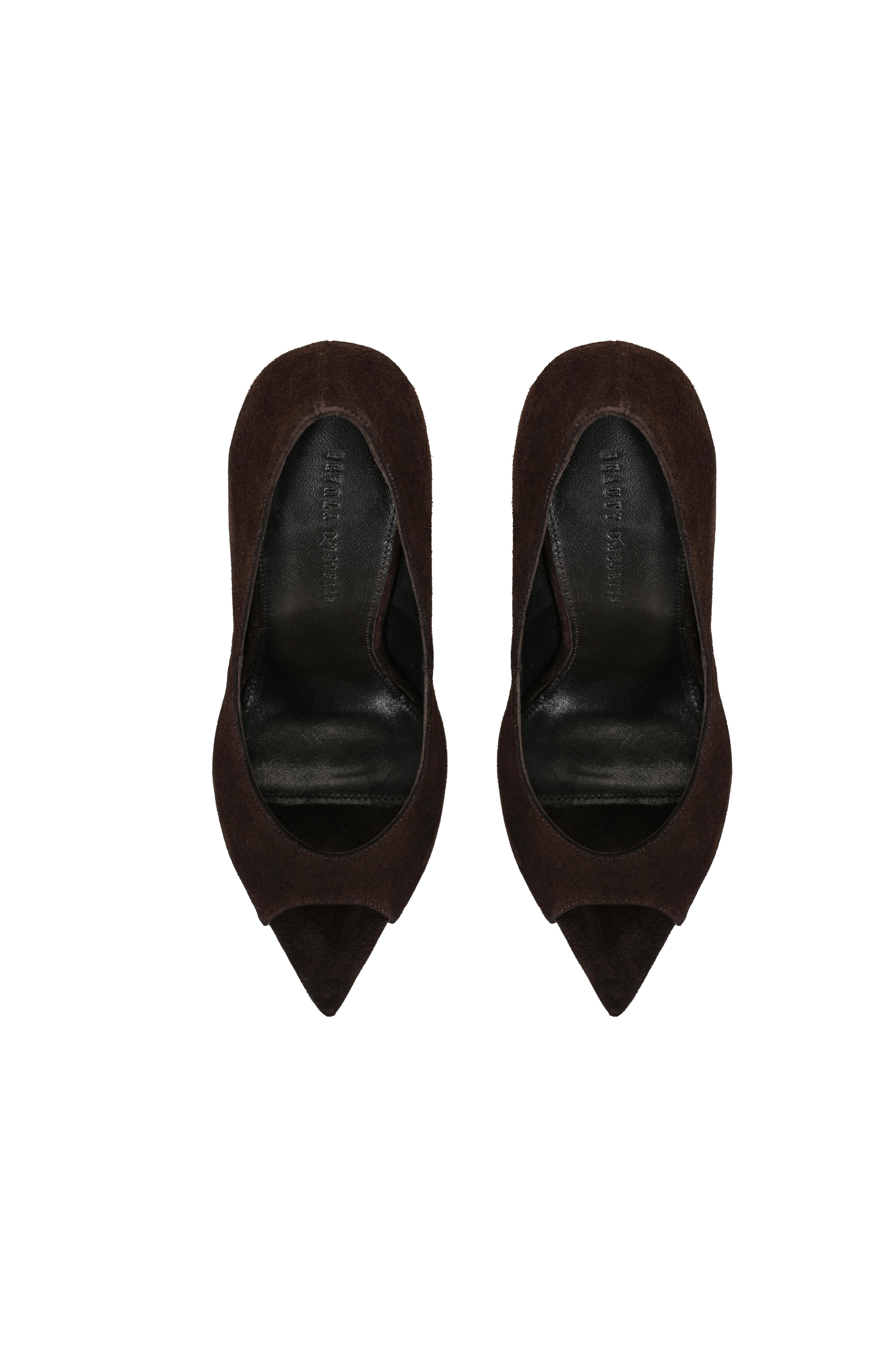 Kahverengi Sivri Burun Önü Açık Süet Stiletto