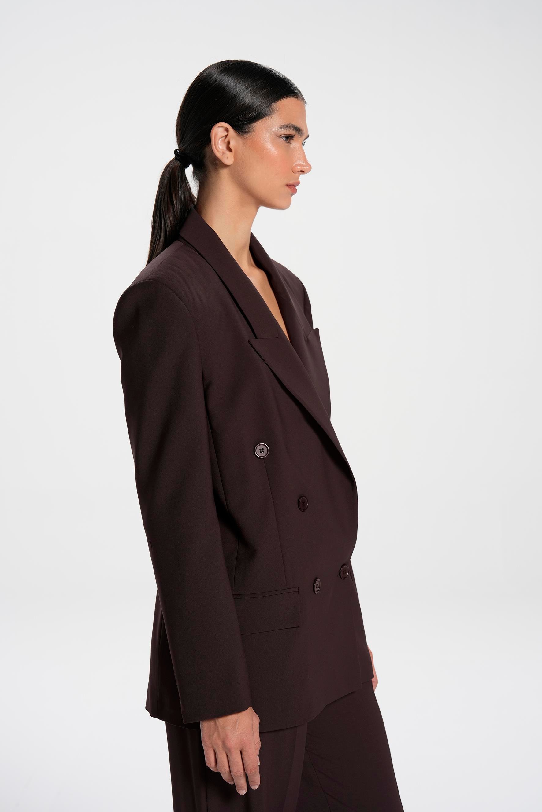 Kahverengi Vatkalı Kruvaze Kapama Yünlü Blazer