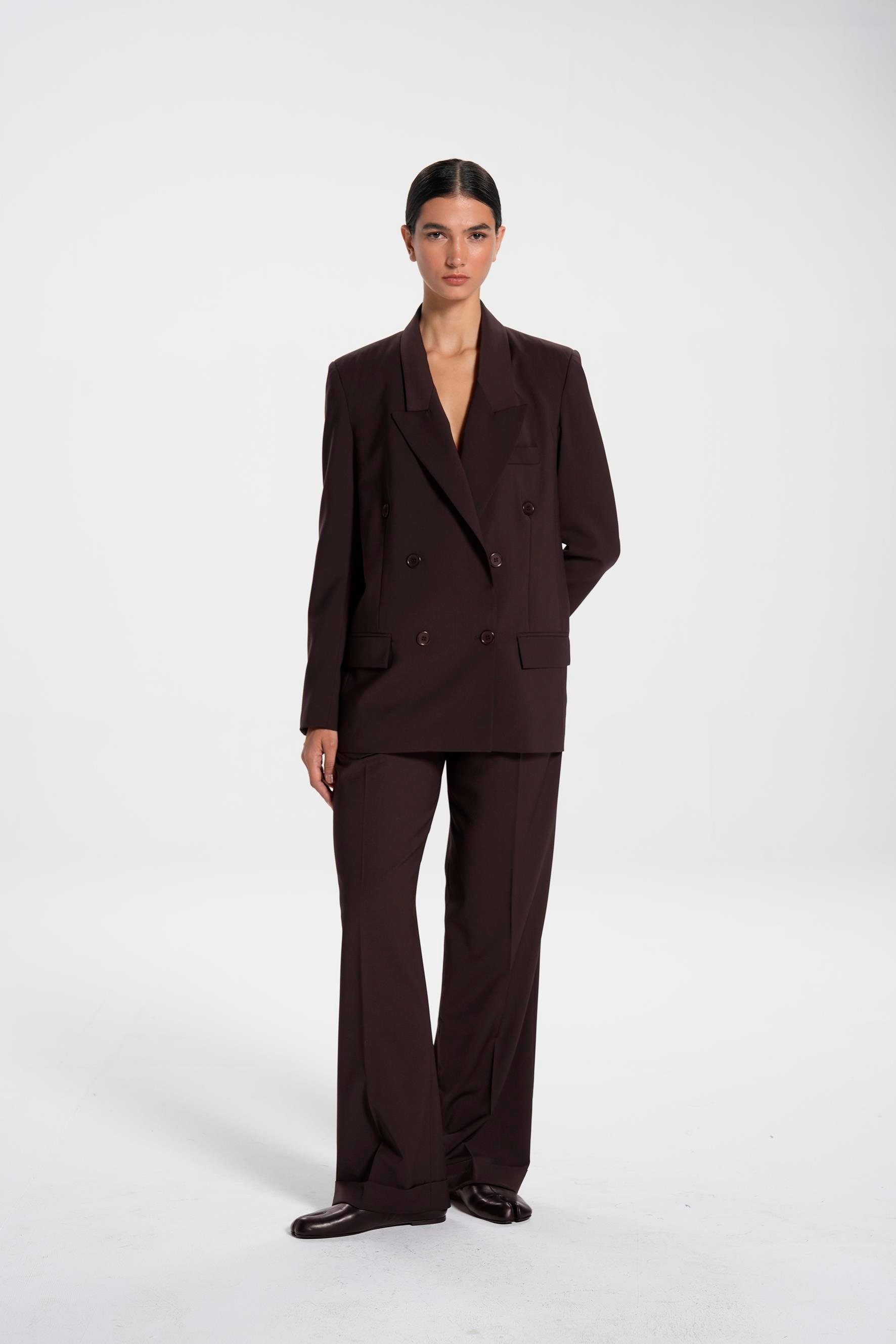 Kahverengi Vatkalı Kruvaze Kapama Yünlü Blazer