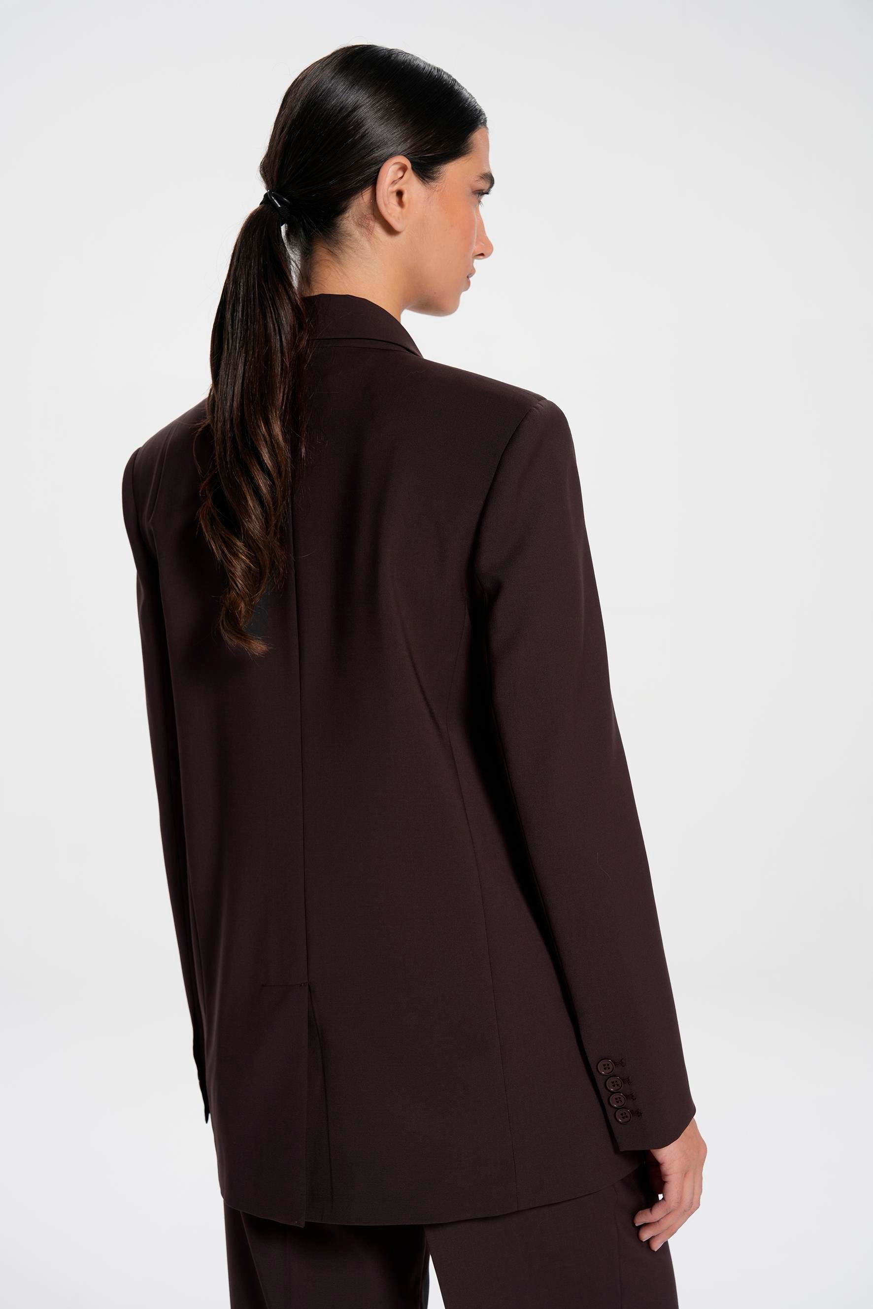 Kahverengi Vatkalı Kruvaze Kapama Yünlü Blazer