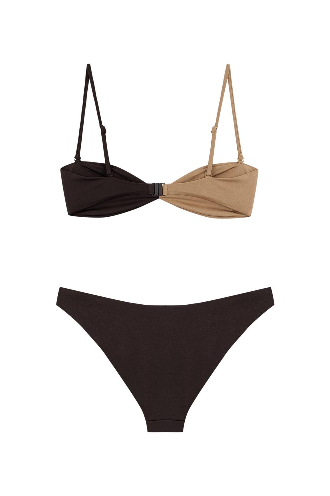 Kahverengi/Gold Kontrast Düğüm Detaylı Simli Straplez Bikini