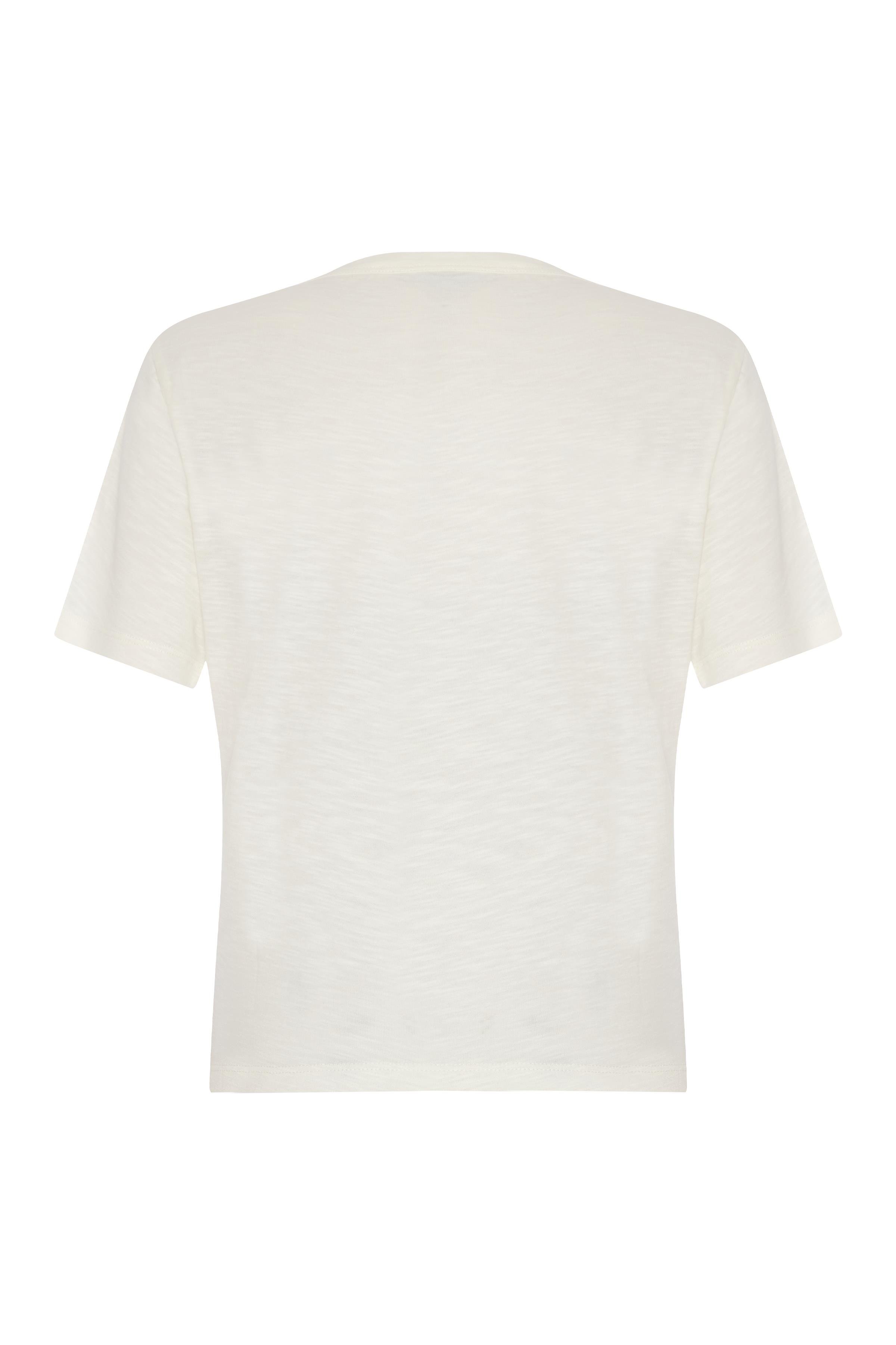 Kırık Beyaz Baskılı Bisiklet Yaka Flamlı Kısa Kol Tshirt