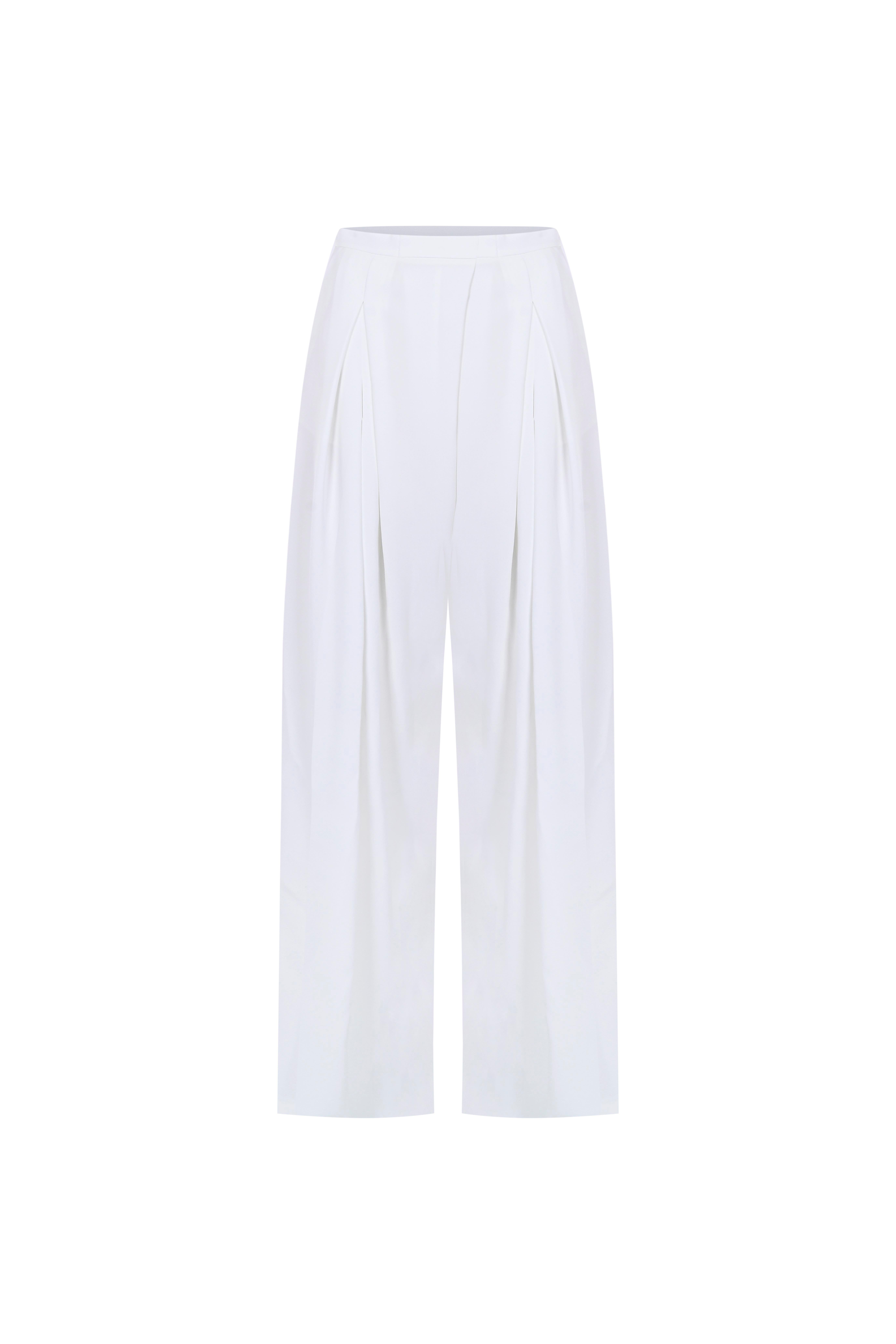 Kırık Beyaz Çift Pileli Krep Bol Pantolon