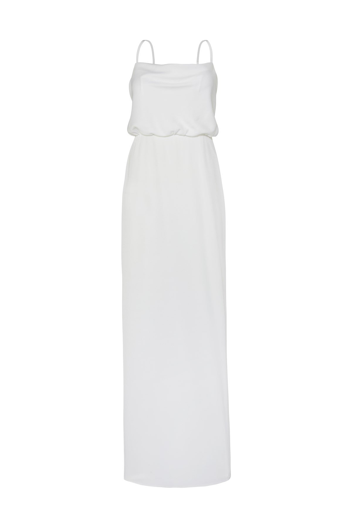 Kırık Beyaz Degaje Yaka Uzun Saten Elbise