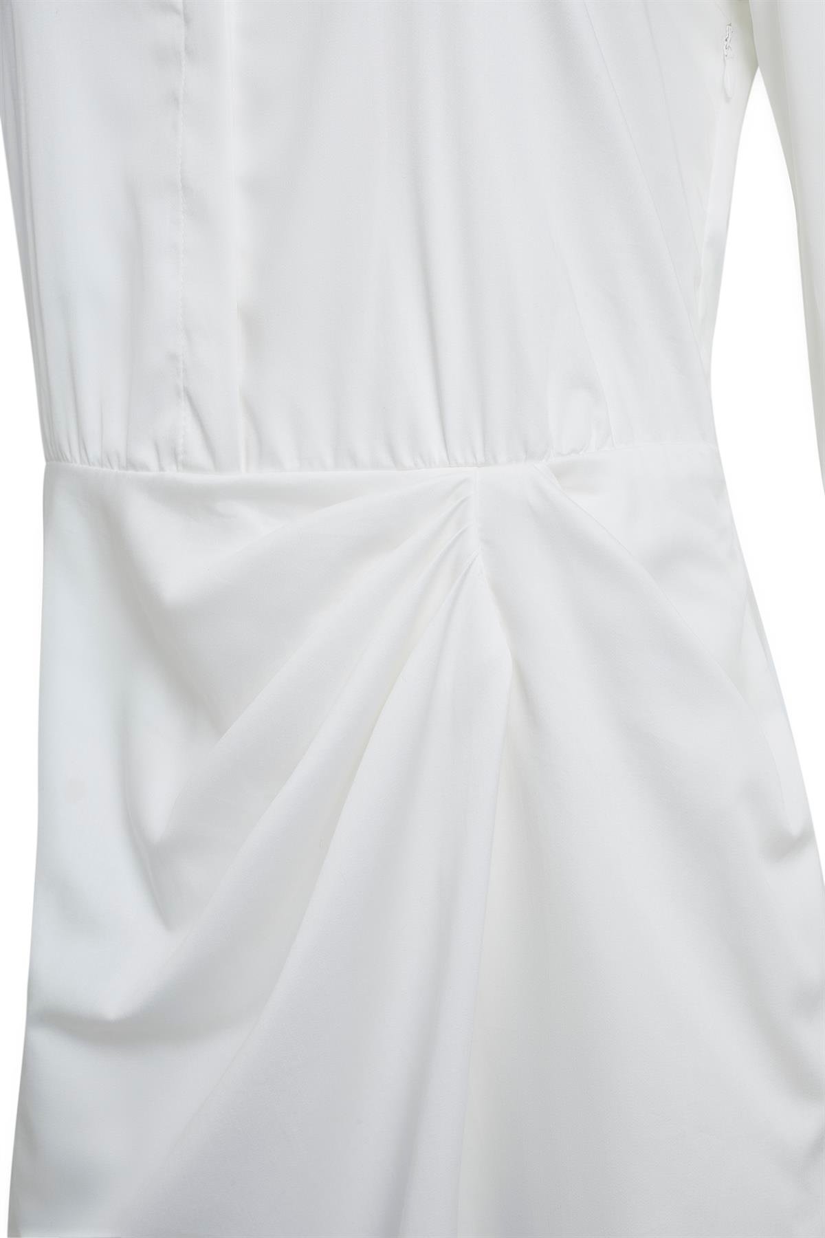 Kırık Beyaz Drapeli Poplin Mini Gömlek Elbise