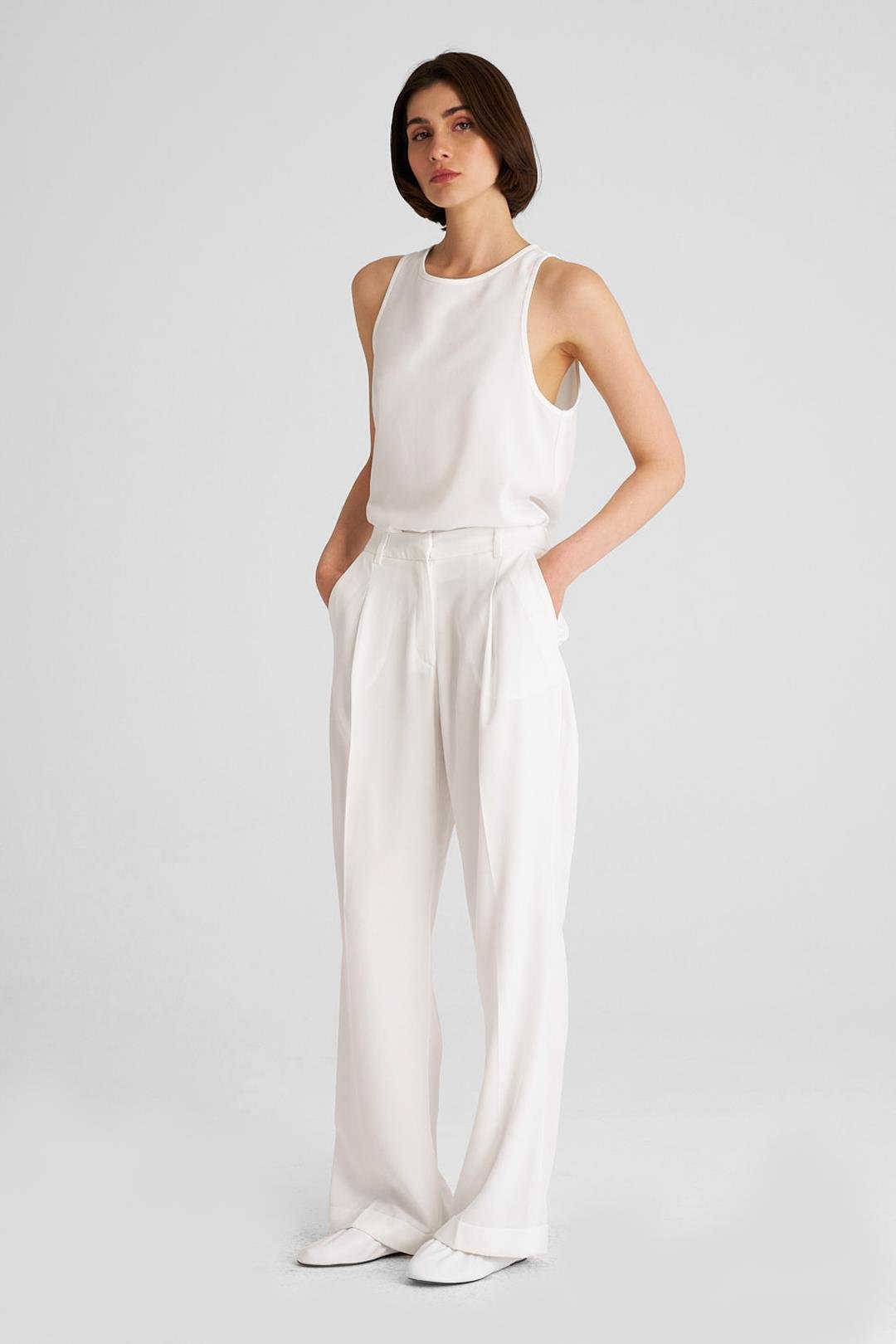 Kırık Beyaz Duble Paça Krep Bol Pantolon