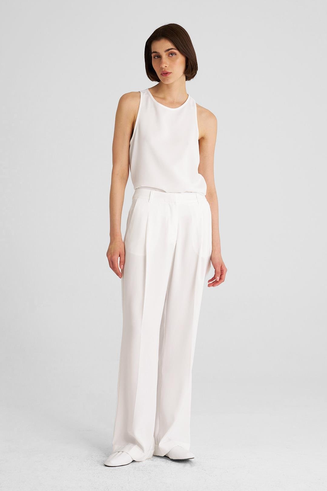 Kırık Beyaz Duble Paça Krep Bol Pantolon