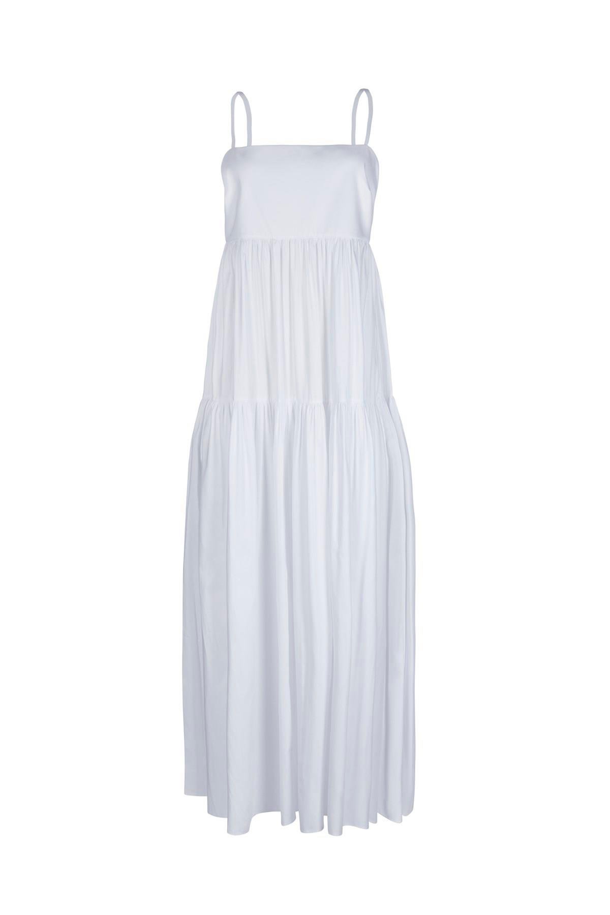 Kırık Beyaz Kare Yaka Uzun Poplin Elbise