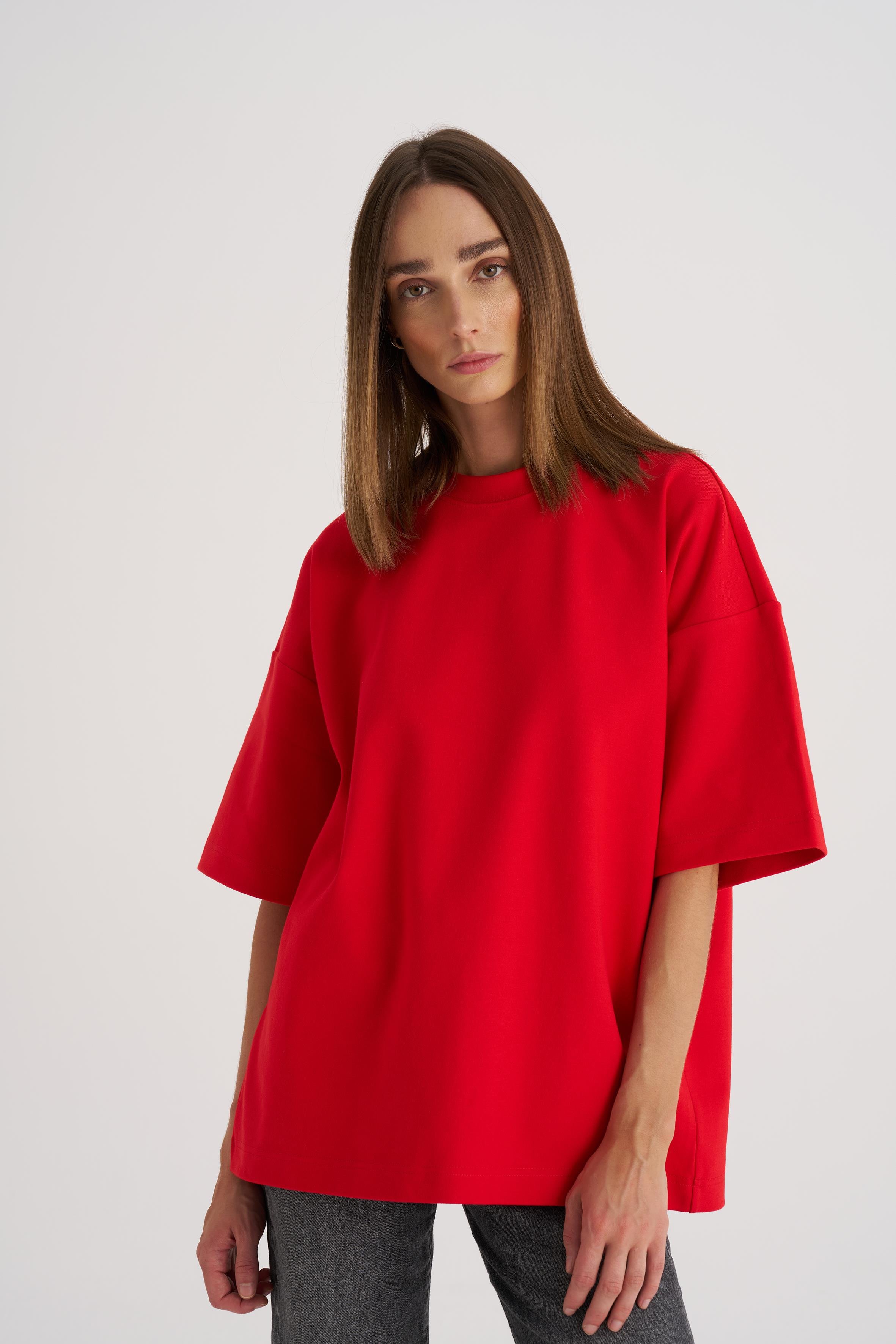 Kırmızı Bisiklet Yaka Oversize Tshirt